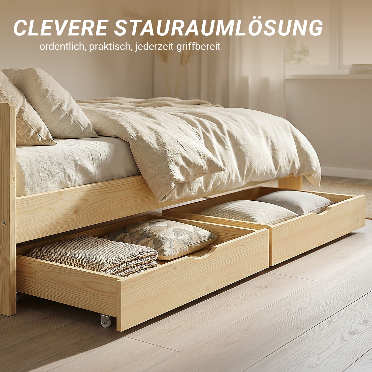 Set of 2 Natural Bed Drawers – Rollable bed drawers with plenty of storage space | Quiet, sturdy, and space-saving