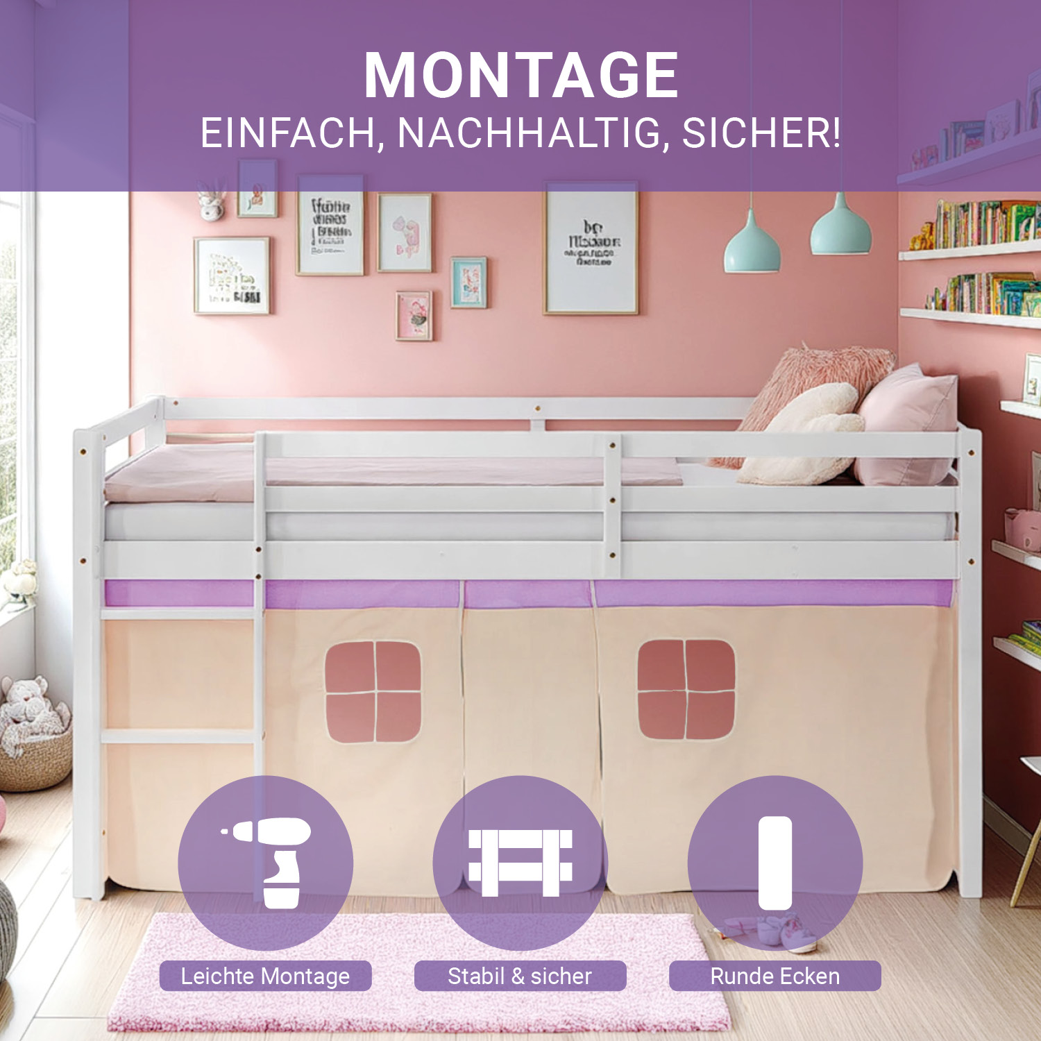 Loft Bed for Kids 90x200 cm White with Curtain in Lilac Beige | with Slatted Frame and Mattress