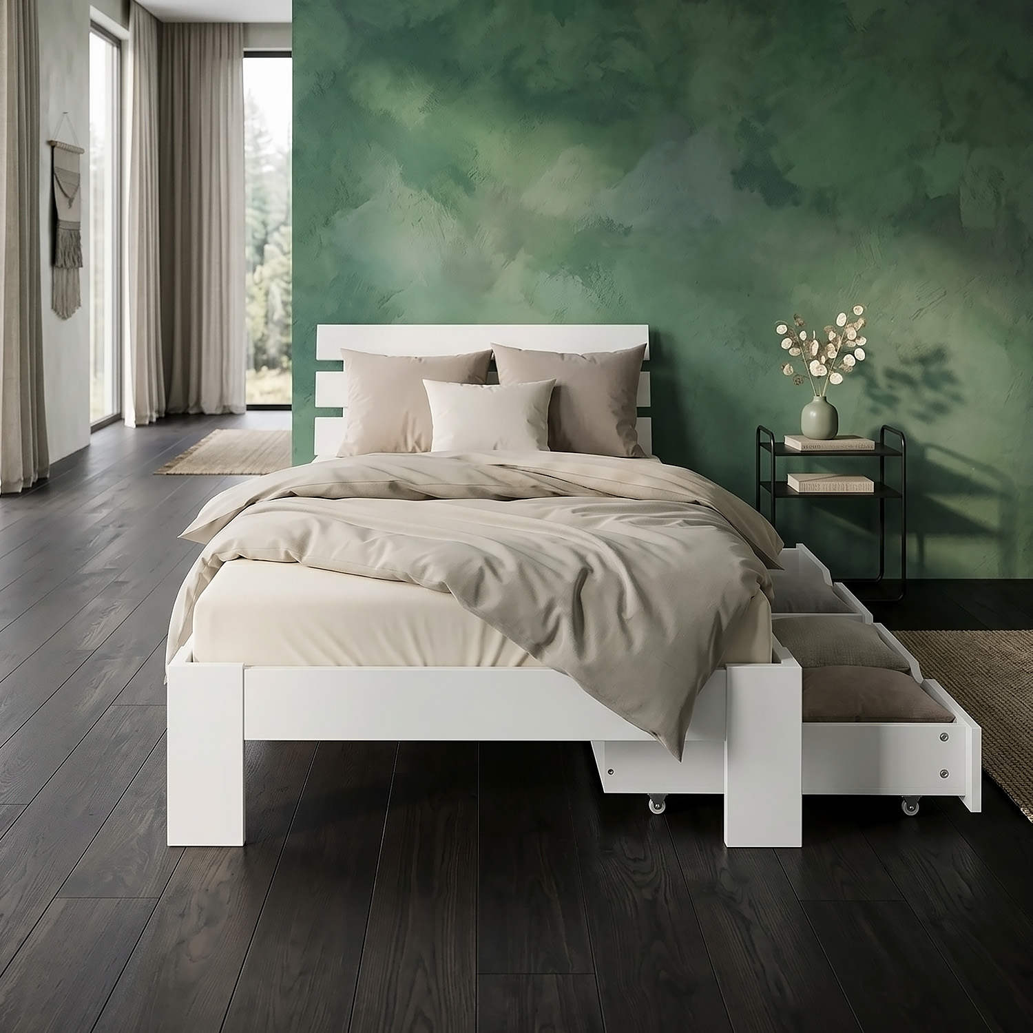 Wood Bed 90x200 cm White | Single Bed | with Spring Mattress | 2 Drawers | Youth Guest Bedroom
