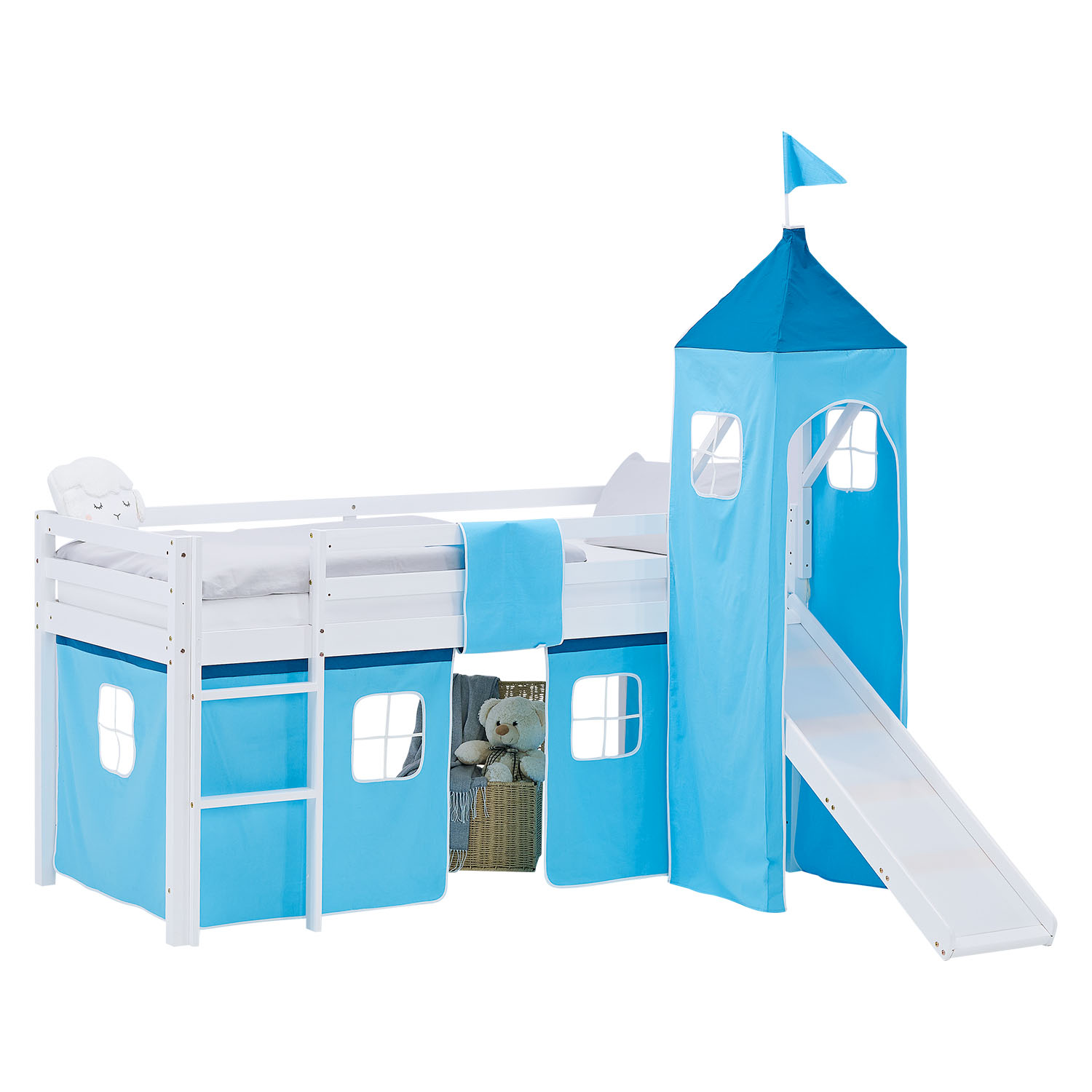 Loft Bed for Kids 90x200 cm White with Curtain in Blue | Slide | Tower | with Slatted Frame and Mattress