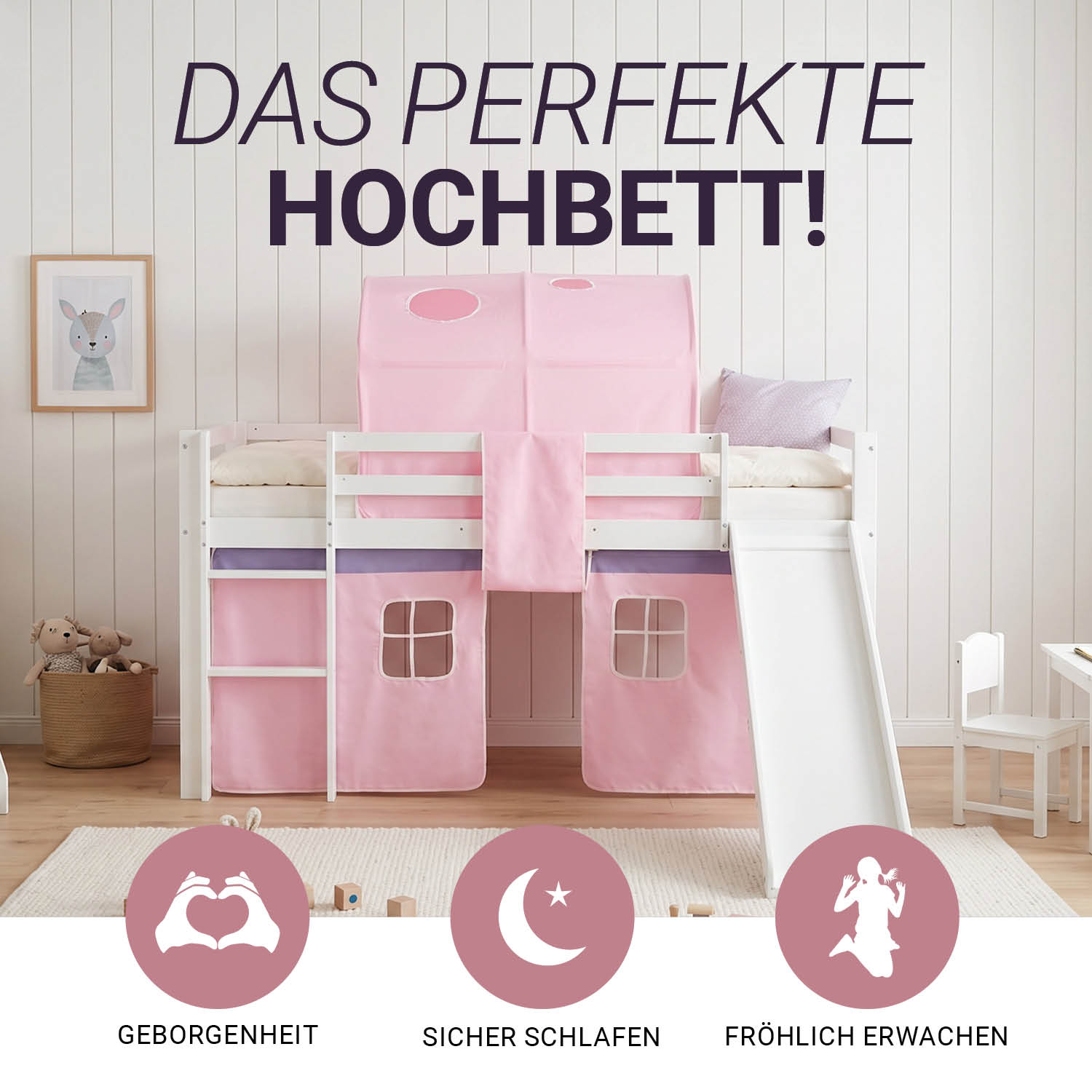 Children's Loft Bed 90x200 cm White with Pink Curtain | Slide | Tunnel | Includes Slatted Base | Includes Mattress