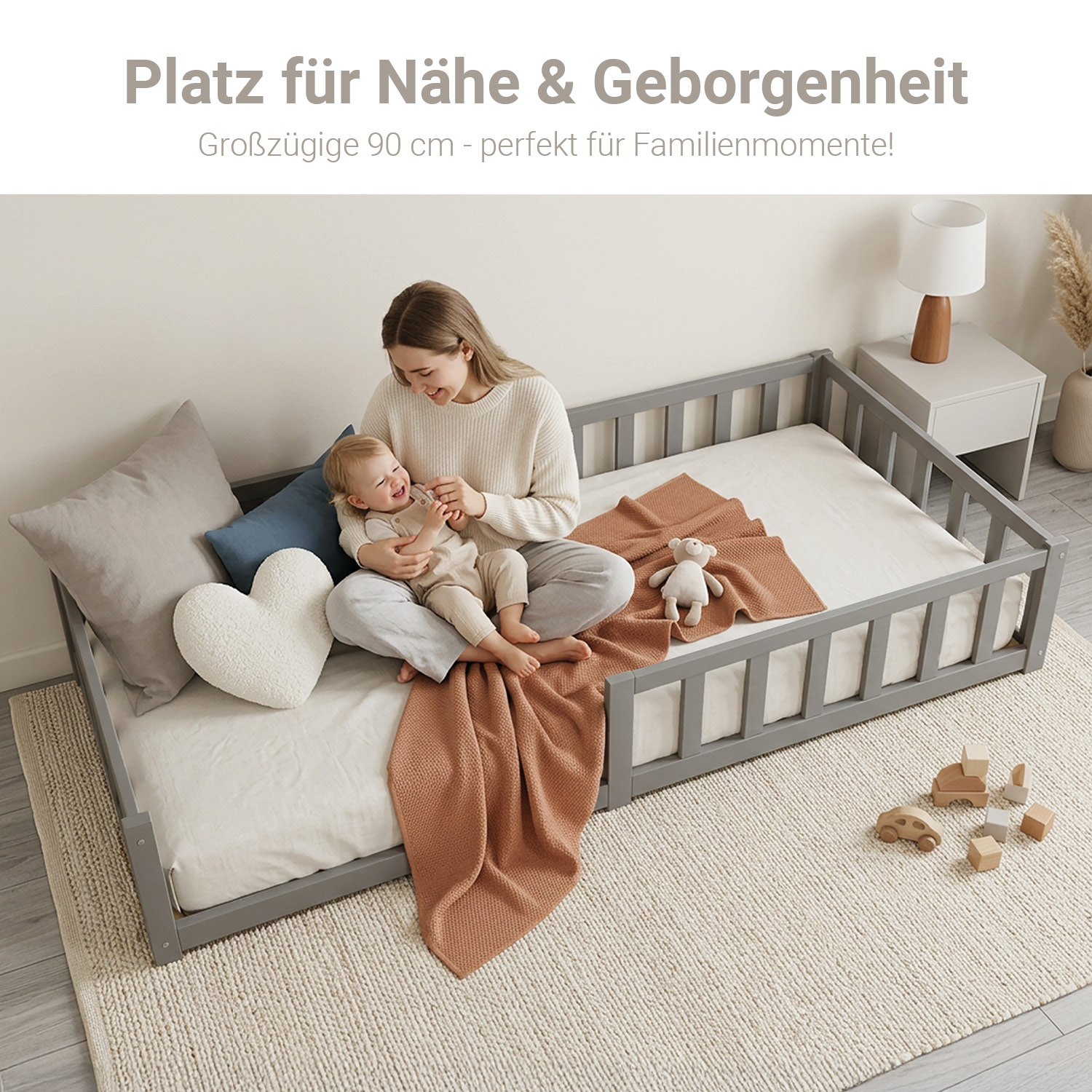 Children's Bed 90x200 Grey | Floor Bed with Mattress & Slatted Frame | with Fall Protection | Montessori