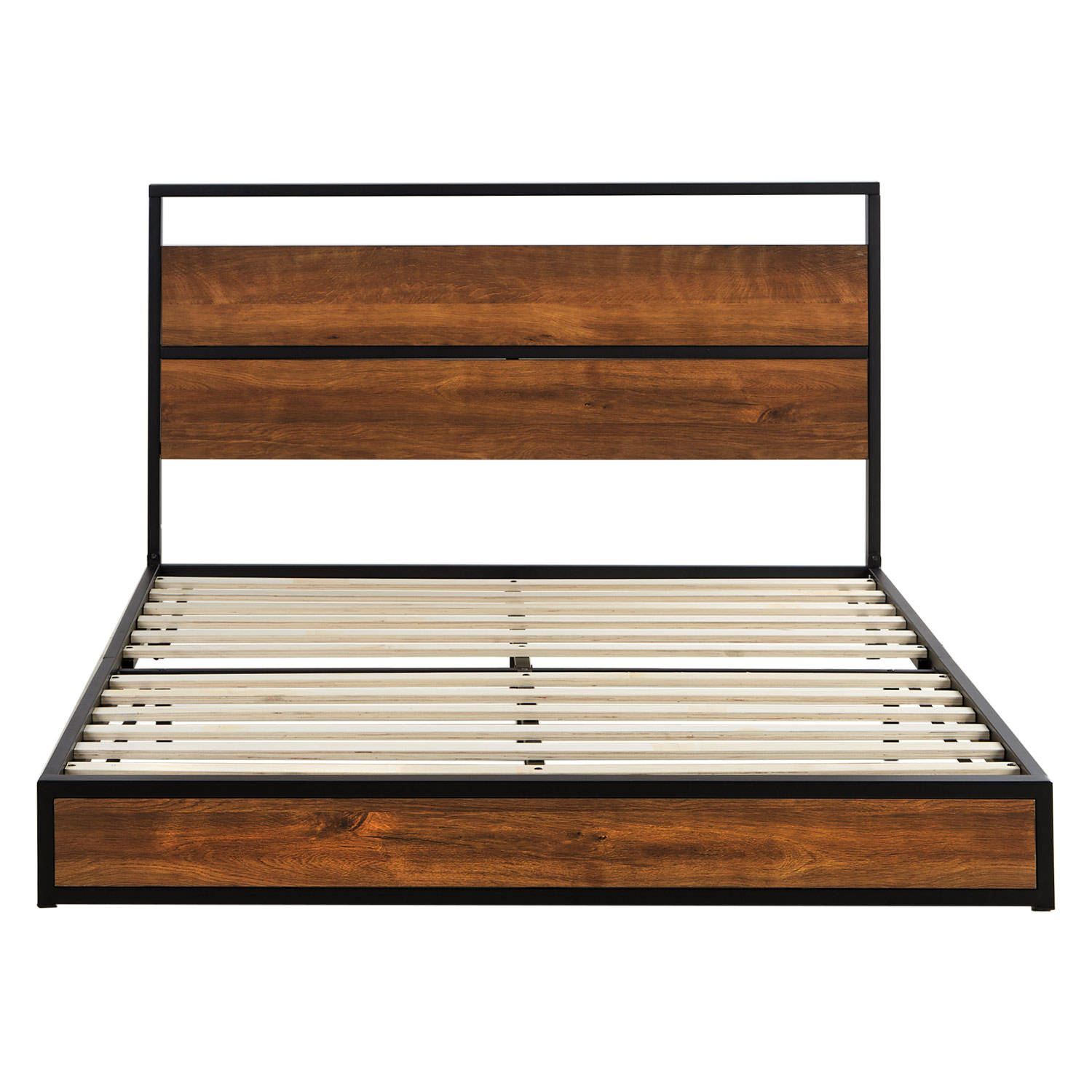 Solid Metal Bed 140x200 cm Slatts Mattress Double Bed Black Futon Bed Wood Brown Platform Bed Frame Guest Bed 