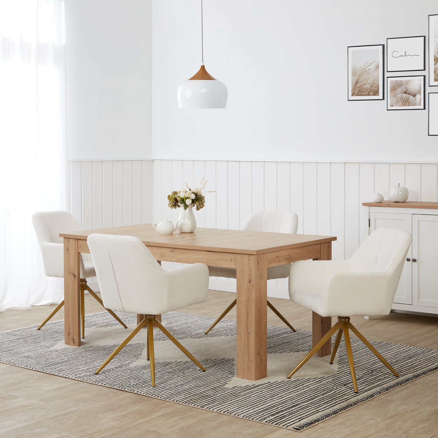 Modern Dining Table Wood Oak 160x90 cm with 4 Beige Bouclé Chairs Dining Room Table Natural Wooden Table