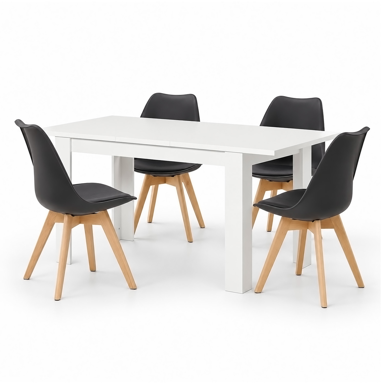 Dining Set (5-Piece): 120x80 cm white extendable dining table with 4 black plastic chairs and wooden legs