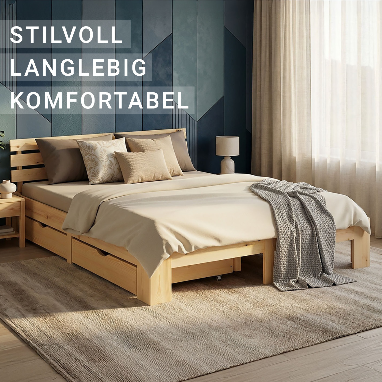 Wood Bed 160x200 cm Natural | Double Bed with Storage 2 Drawers | with Mattress | Solid | Youth Guest Bedroom