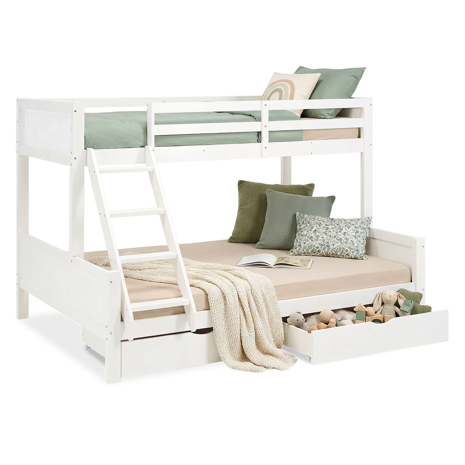 Bunk Bed Kids Bed 90x200 and 140x200 cm White Grey 2 Mattresses Wood Cabin Bed High Sleeper Bed Loft Bed Childrens Bed Twin Bed Drawer