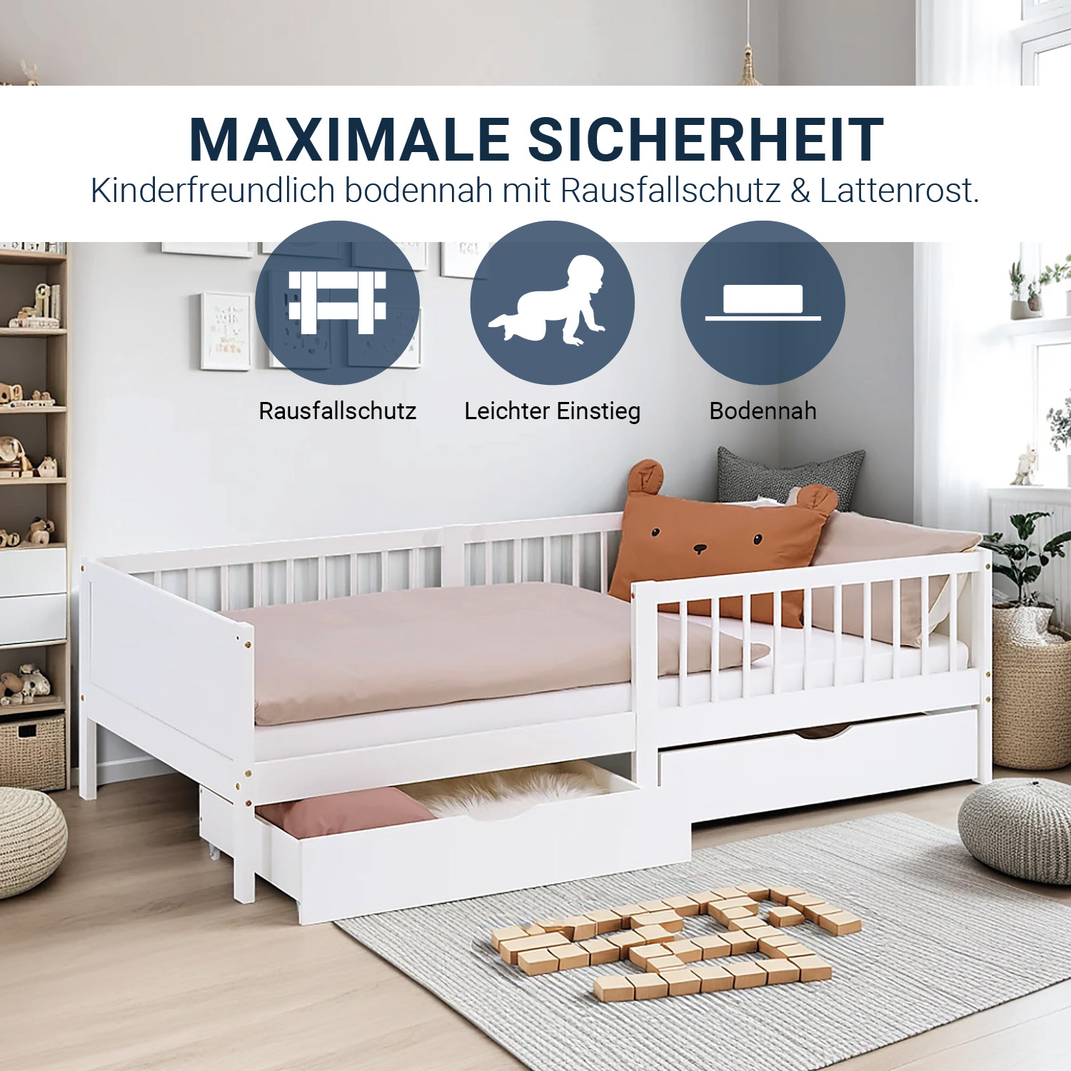 Children's Bed 90x200 cm White | Wooden bed with mattress | Single Bed | 2 drawers | Fall Protection