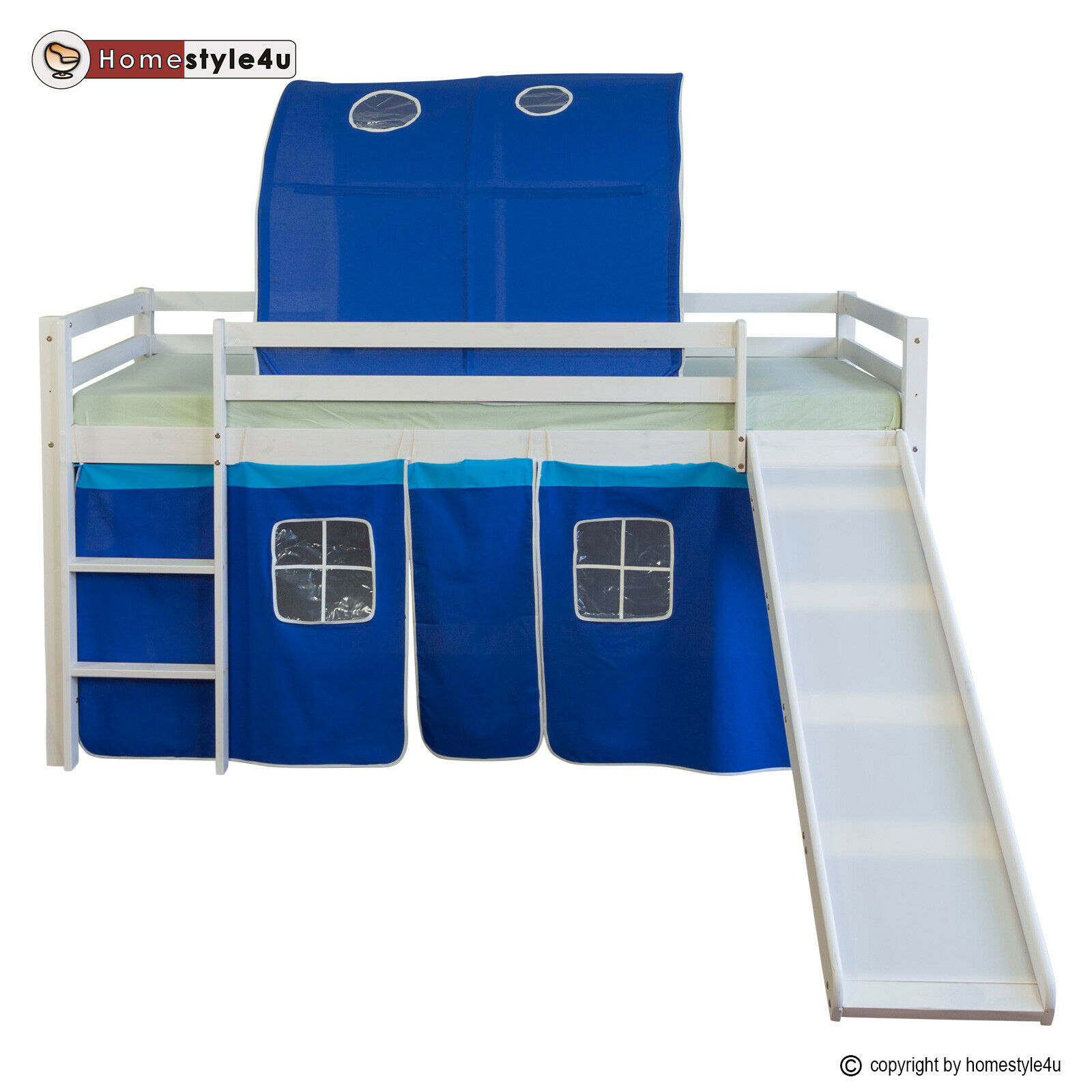 Loft Bed Kids 90x200 cm White with Curtain in Blue | Tunnel | Slide | without Slatted Frame Loft Bed Kids 90x200 cm White with Curtain in Blue | Tunnel | Slide | without Slatted Frame