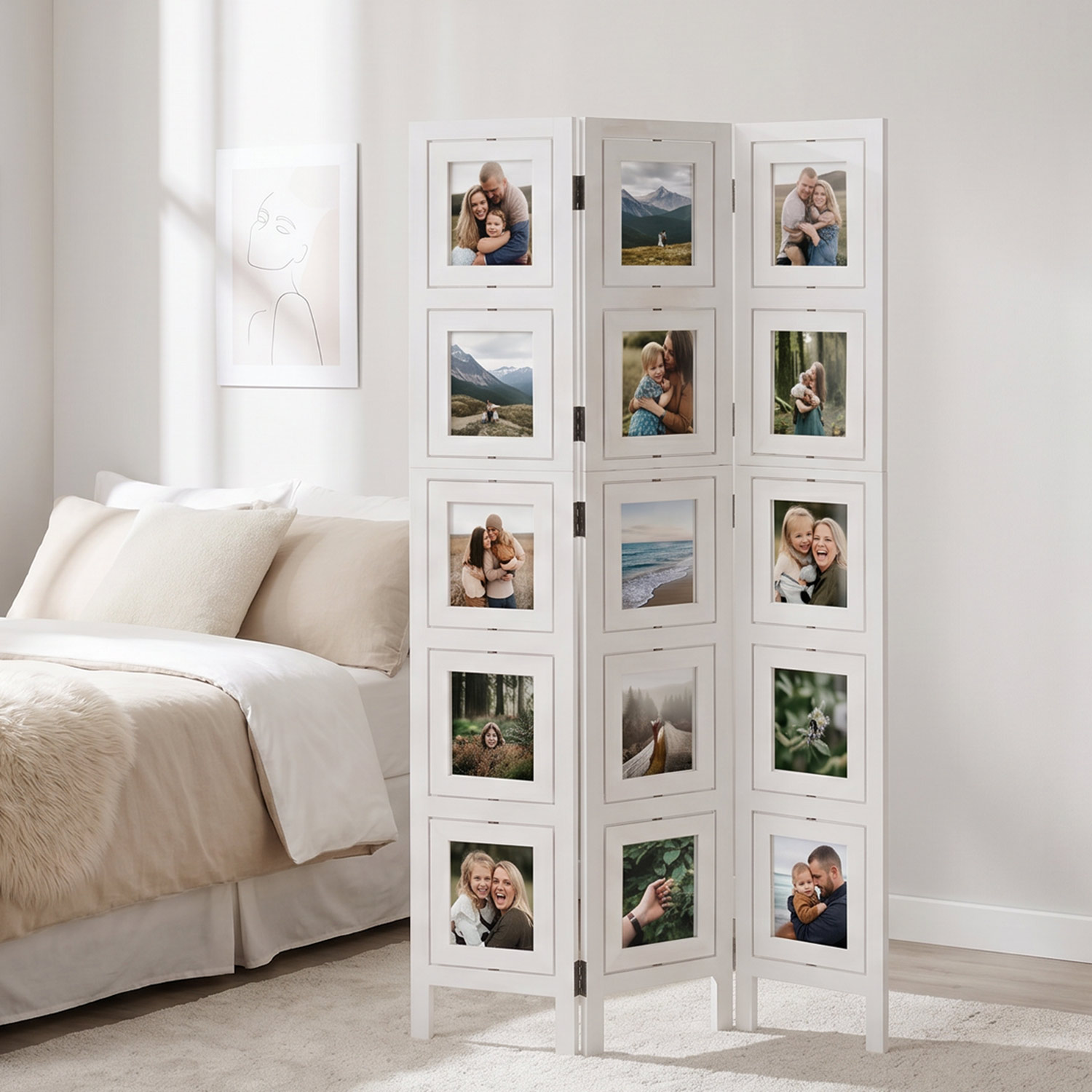 White 3-panel folding screen with photo prints – Modern room divider & decorative privacy screen