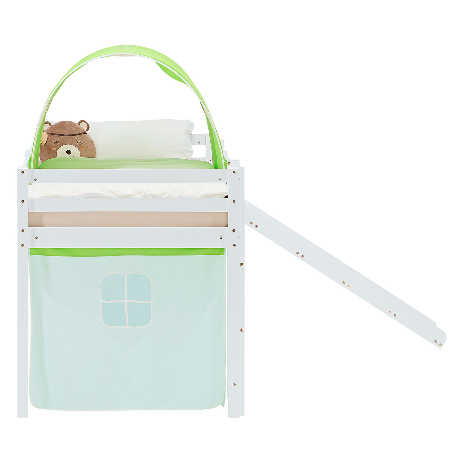 Loft Bed for Kids 90x200 cm White with Curtain & Tunnel in Green | Slide | with Slatted Frame and Mattress
