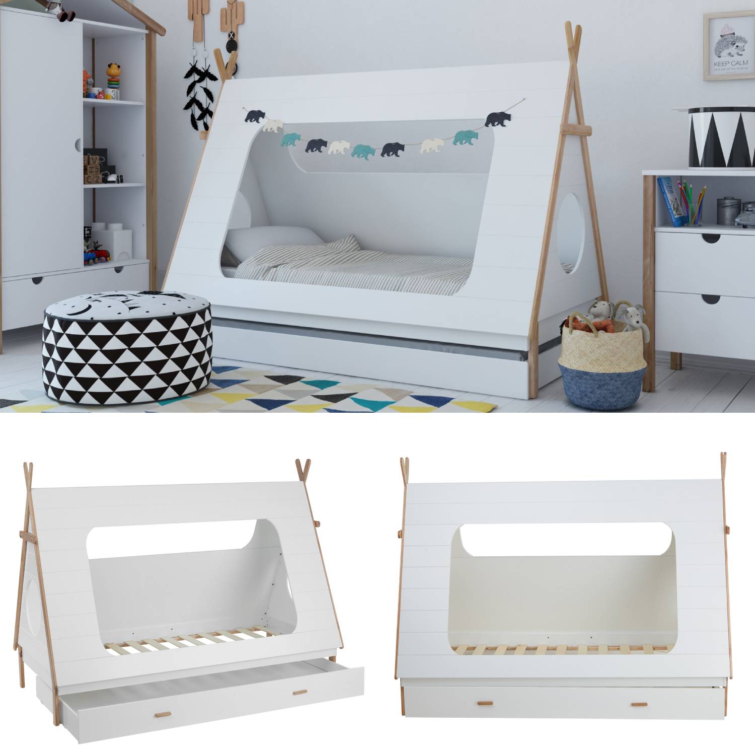 TIPI House Bed Play Bed Wooden Bed 90x200 cm Pine White Children Bed Drawer