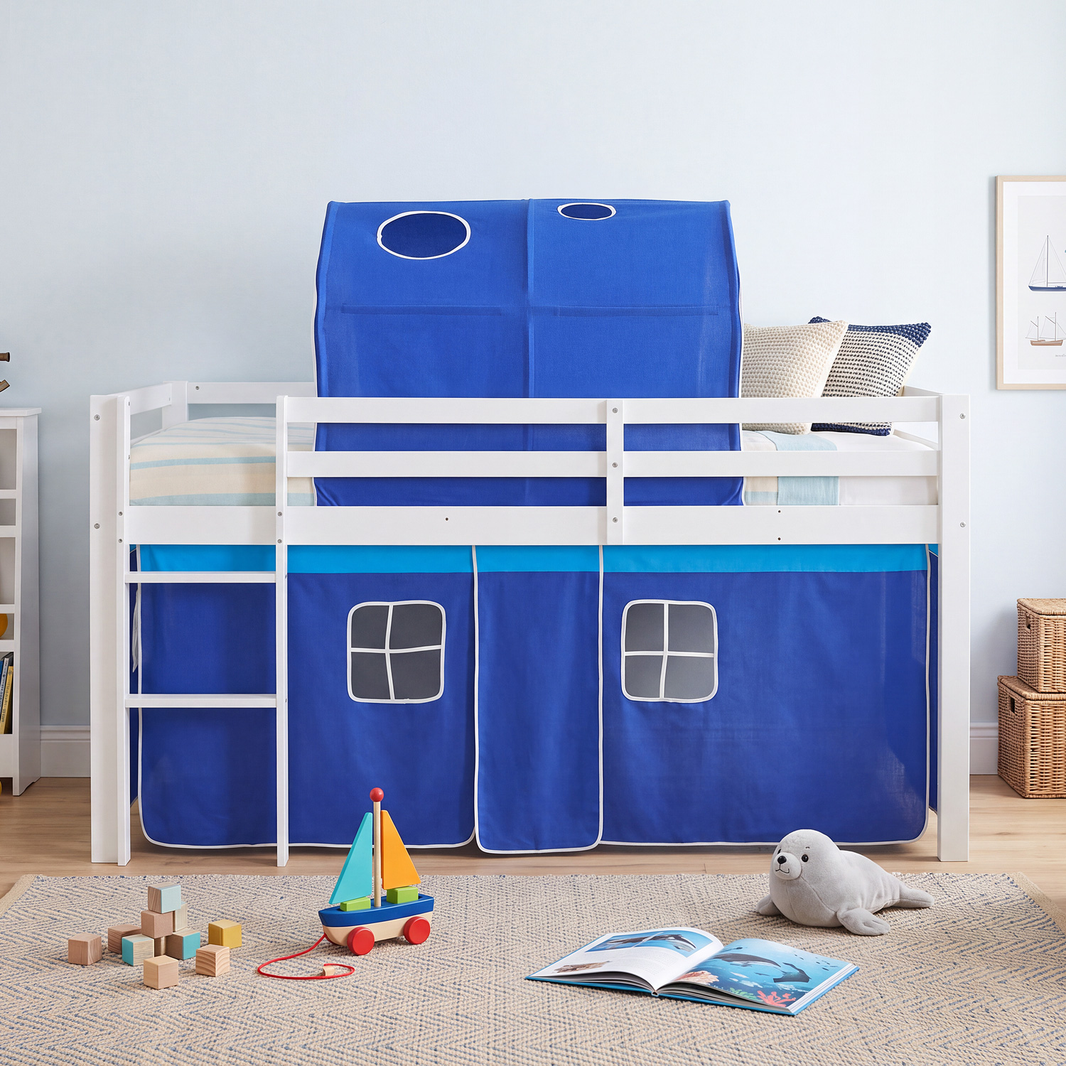 Children's Loft Bed 90x200 cm White with Blue Curtain | Tunnel | with Slatted Base | with Mattress