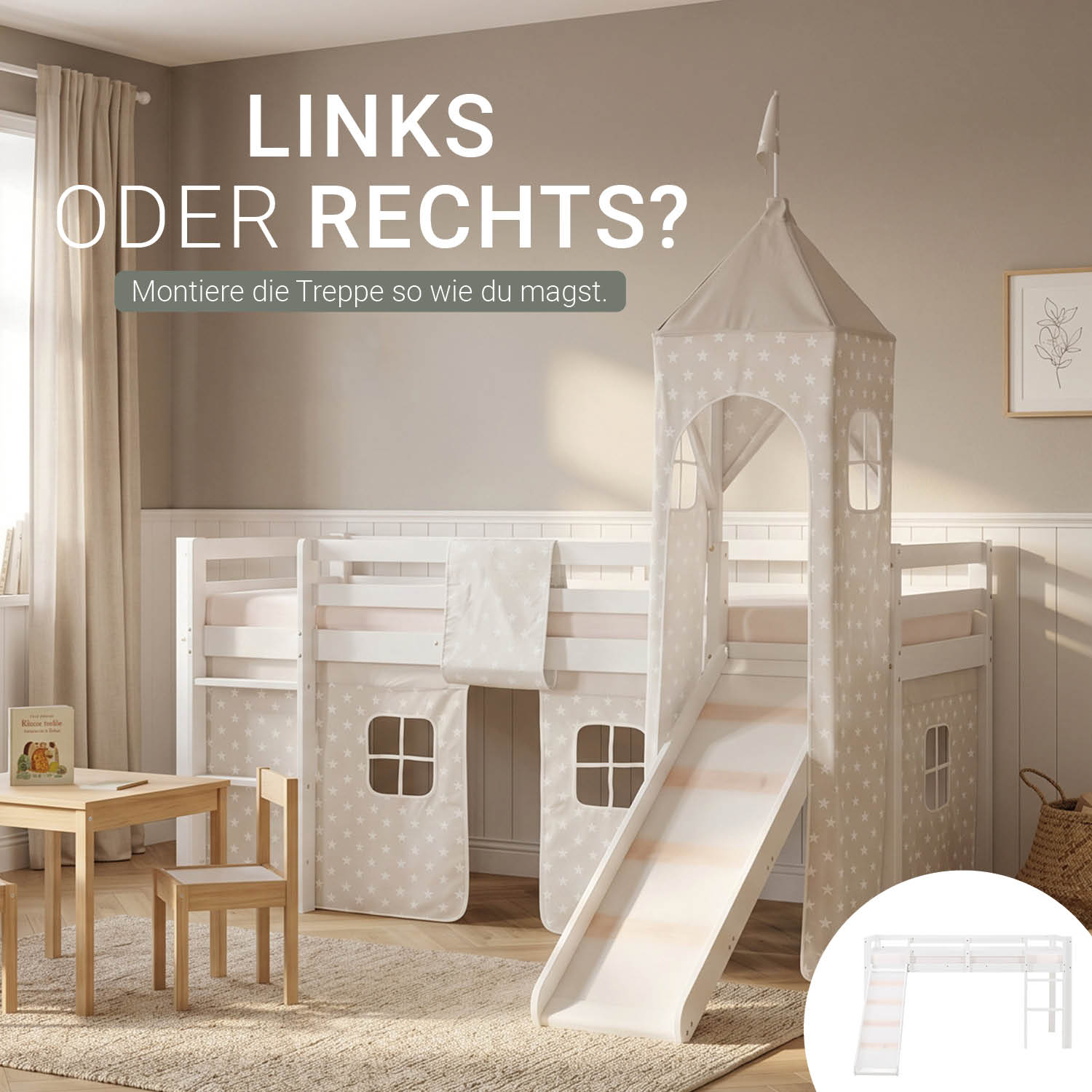 Children's Loft Bed 90x200 cm White with Star Curtain | Tower | Slide | Includes Slatted Base | Includes Mattress