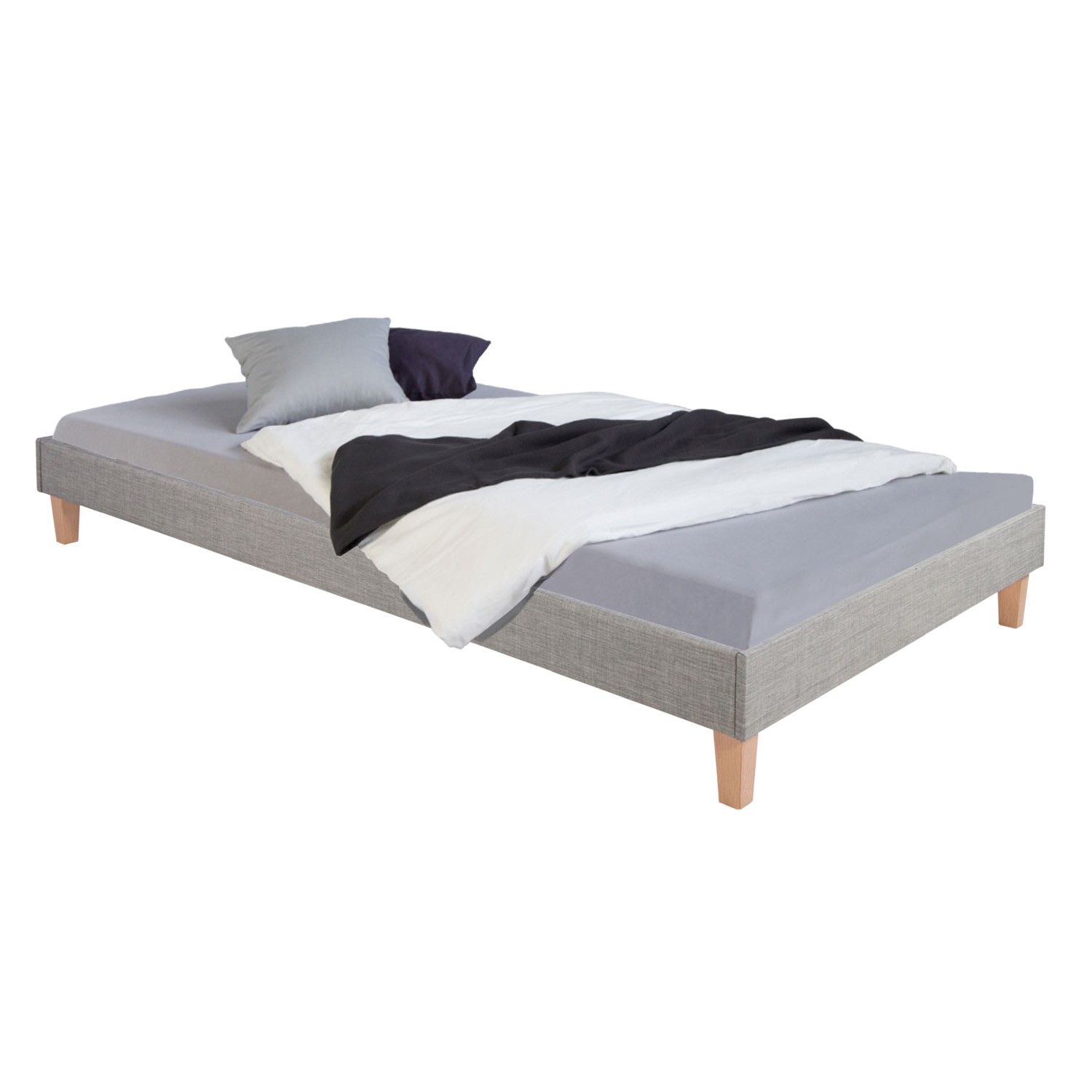 Upholstered Bed with Mattress 90x200 Slatted Frame Single Bed Fabric Bedstead Bed Grey