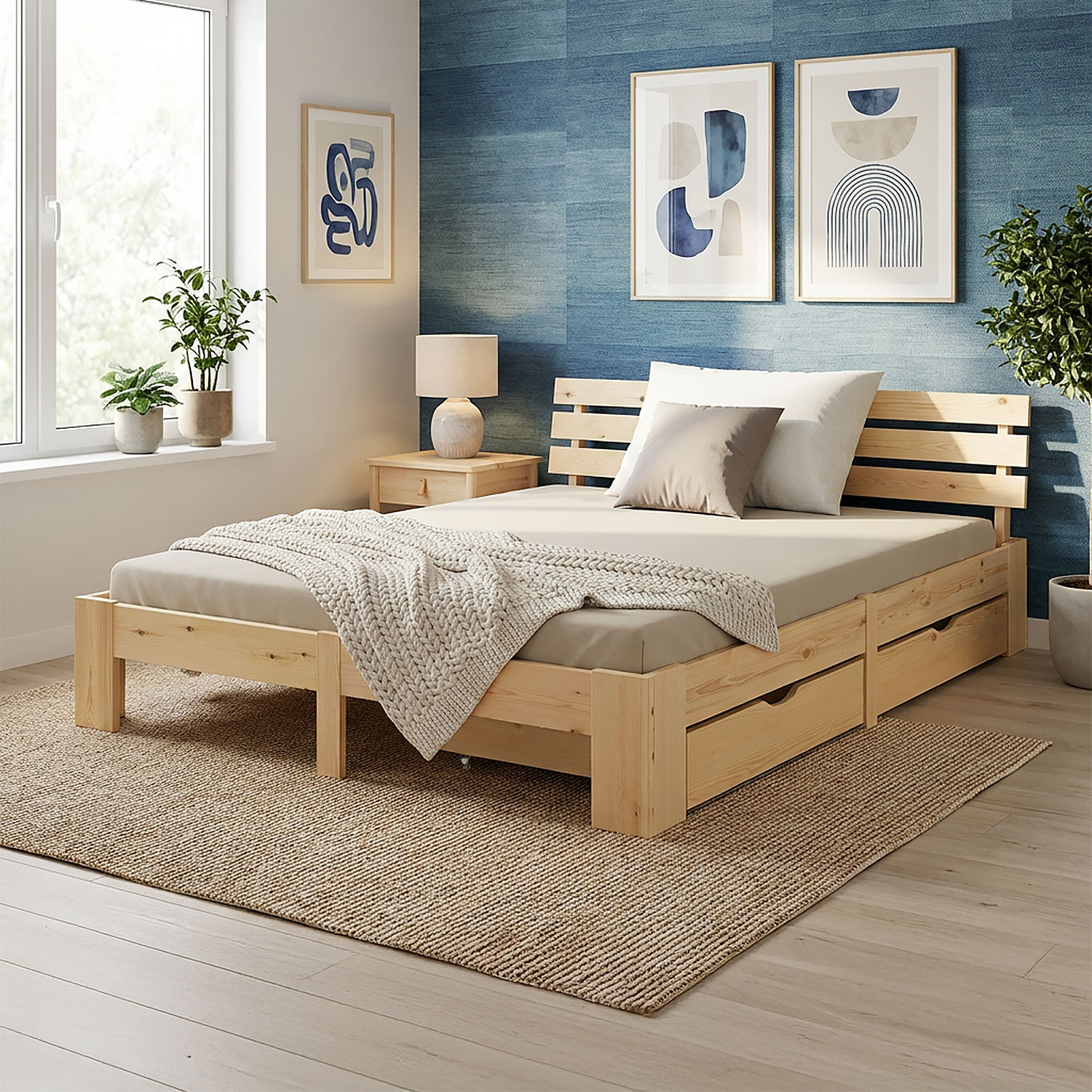 Wood Bed 140x200 cm Natural | Double Bed | with Spring Mattress | 2 Drawers | Youth Guest Bedroom