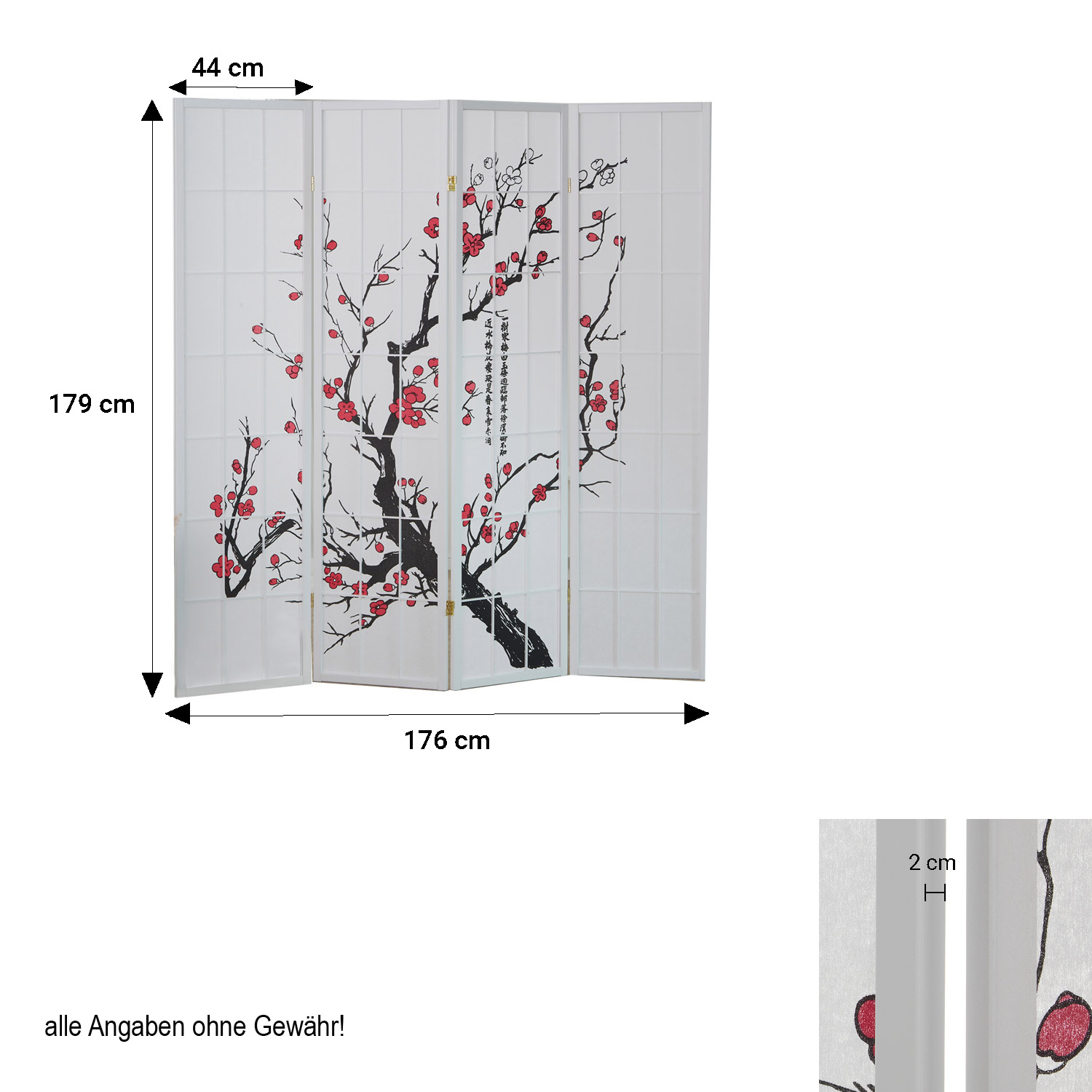 Paravent room divider 4 parts, wood, rice paper white, cherry pattern, height 175 cm					