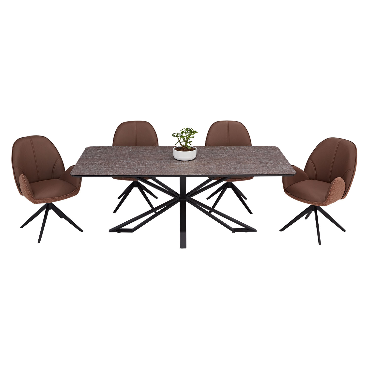 Dining set | 4-piece set upholstered chairs brown bouclé Leder with armrest | swivel | dining table brown metal frame 200 x 100 cm