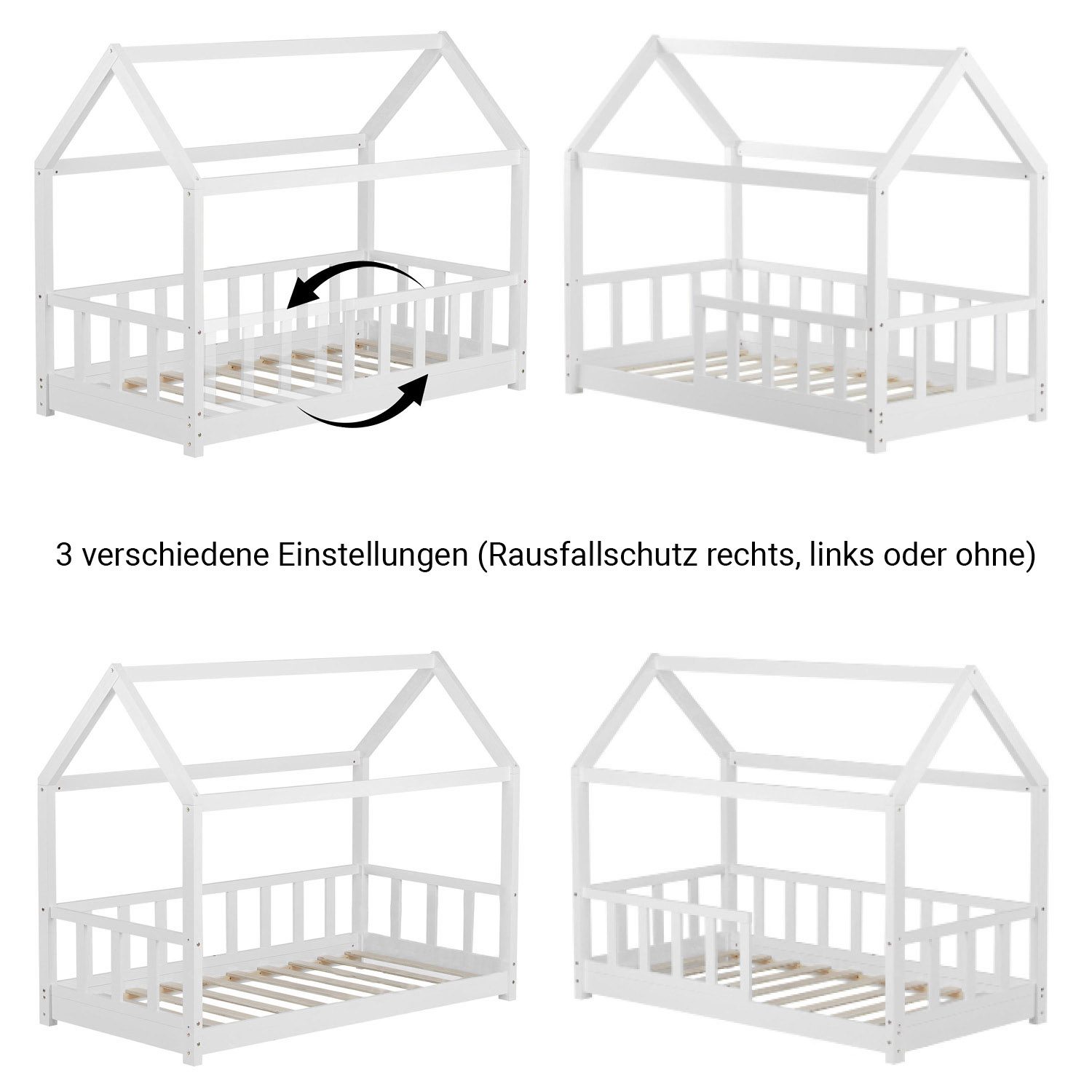 Children's Bed 80x160 cm White | House Bed with Fall Protection | Montessori | Single Bed | with Slatted Frame | Wood