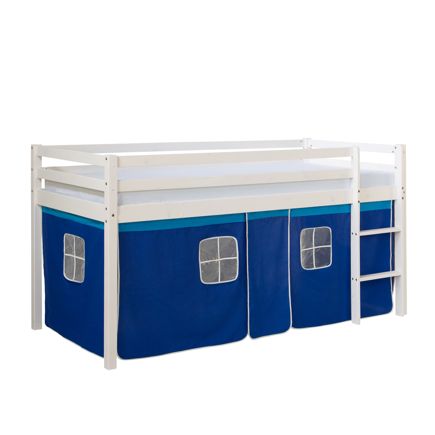 Loftbed 90x200 cm with Mattress Bunk bed Childrens bed Solid Pine Wood Slats Curtain Blue