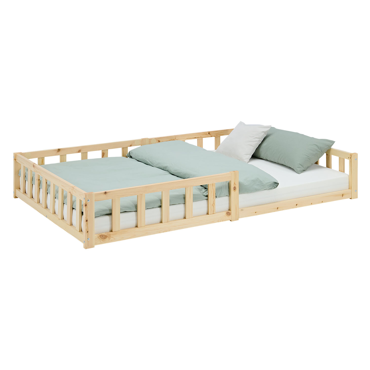 Montessori Crib 120x200 cm Natural, Includes Mattress & Slatted Base – Floor-Level Crib with Safety Rails Made of Solid Wood