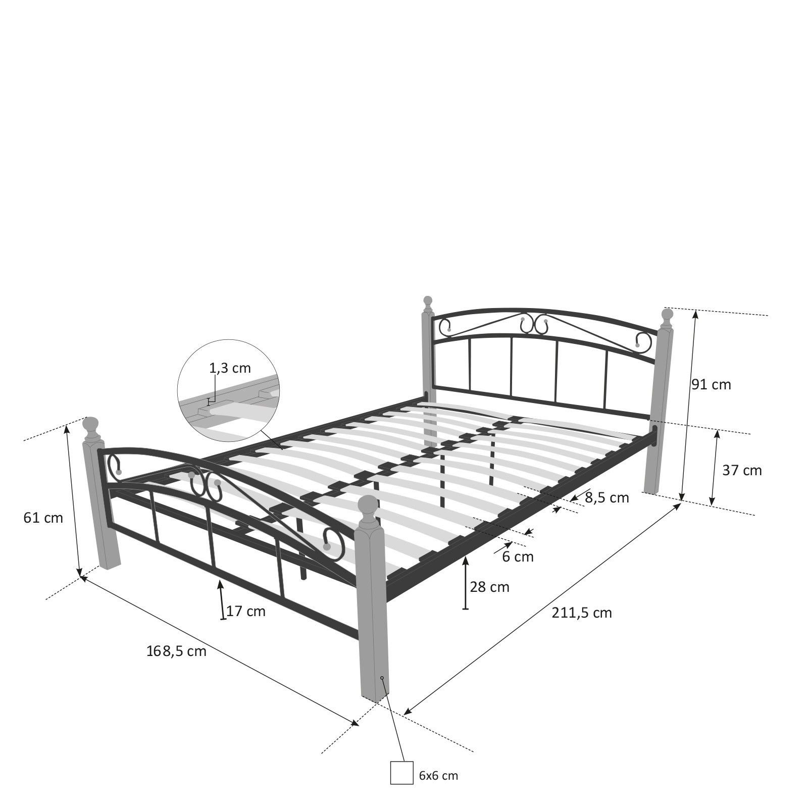 Metal Bed Iron Bed Double 160 x 200 Wood Slatted black brown bed frame 8077