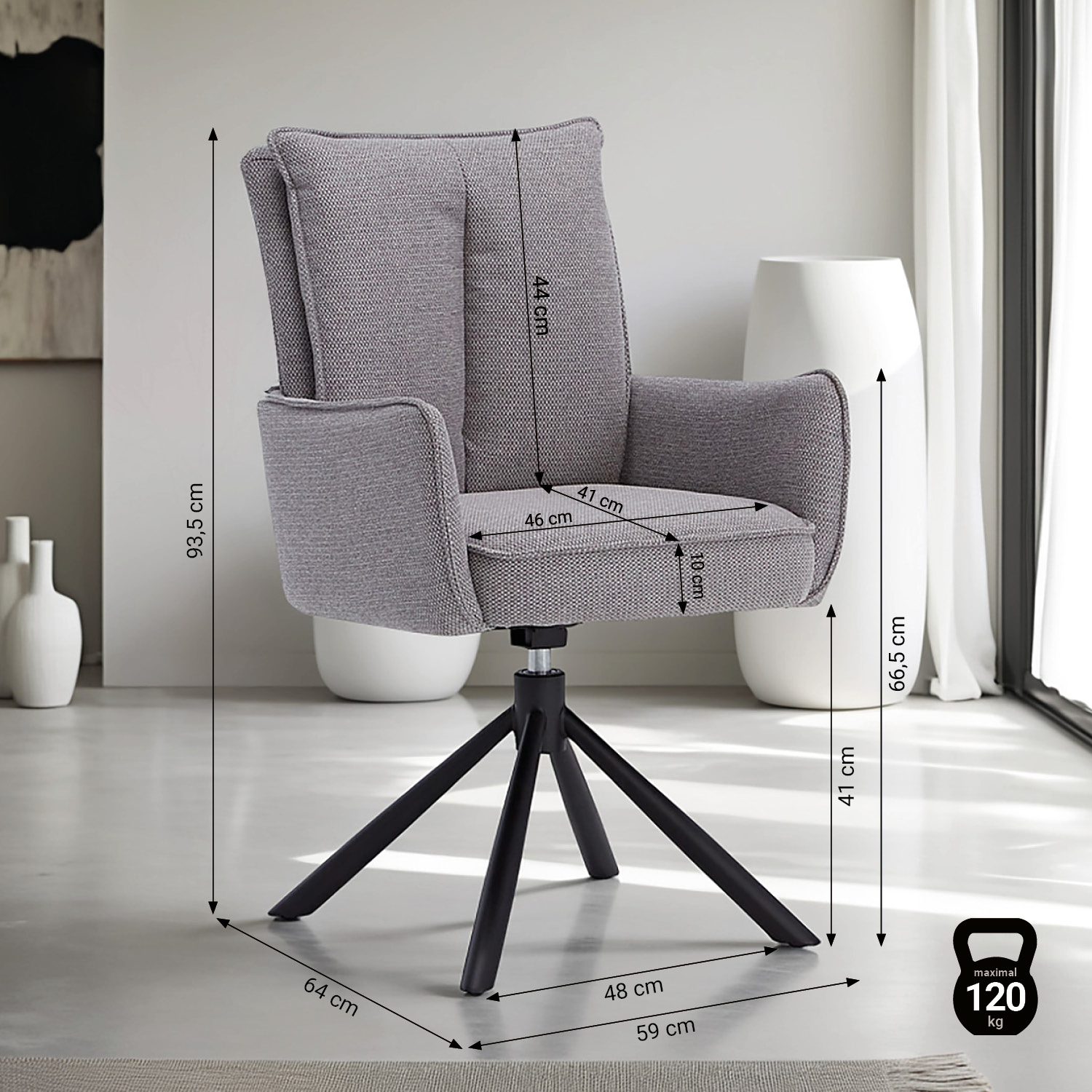 Design Polsterstuhl Grau 4er Set drehbar – Esszimmerstühle mit Armlehnen & Metallgestell