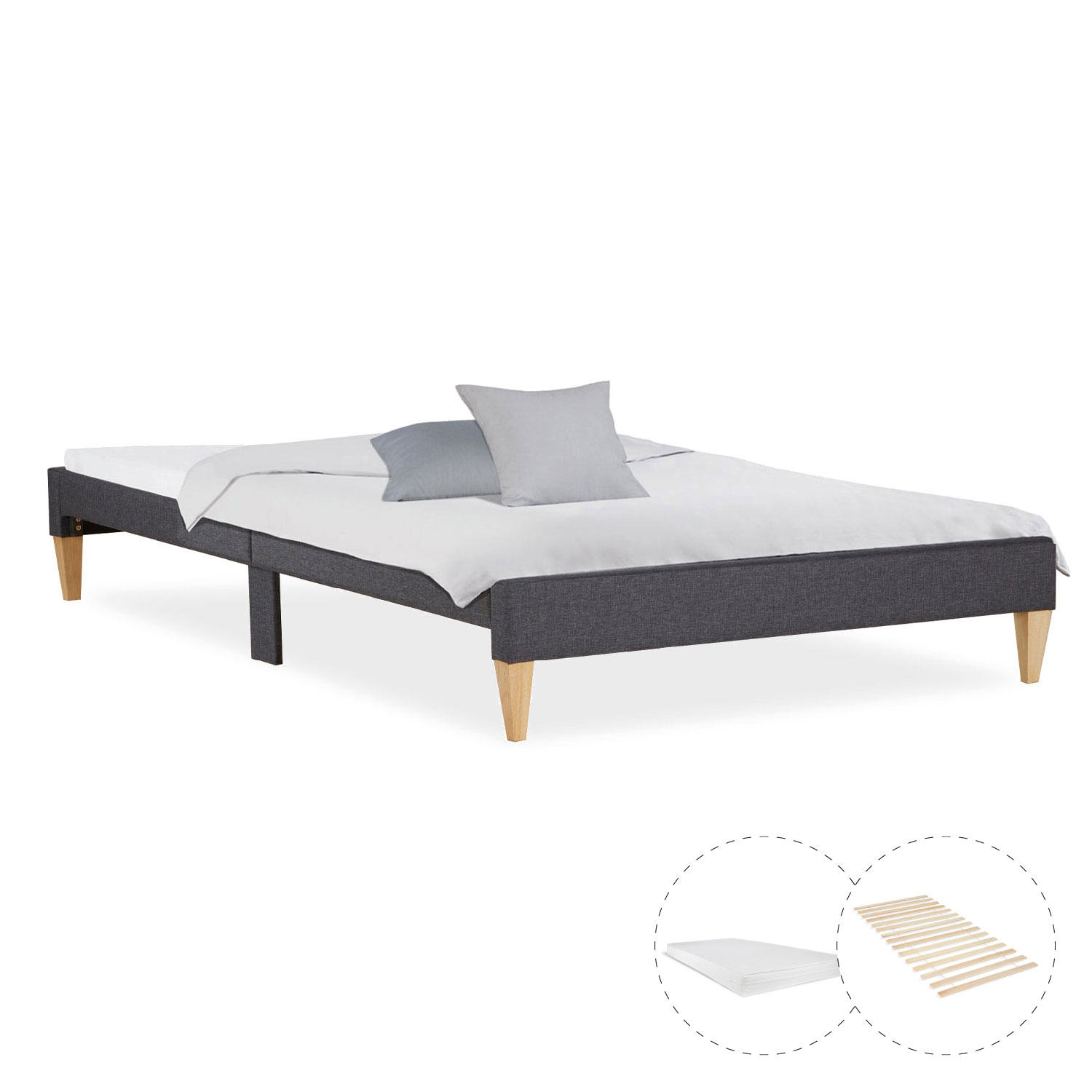 Upholstered Bed 140x200 cm Gray with Mattress & Slatted Base – Futon Bed, Double Bed, Fabric Bed, Modern
