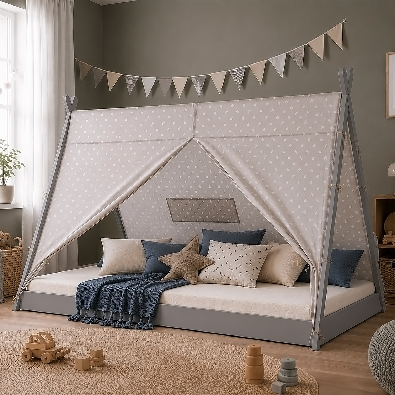 Children bed tipi with mattress tent bed 90x200 youth bed grey canvas stars