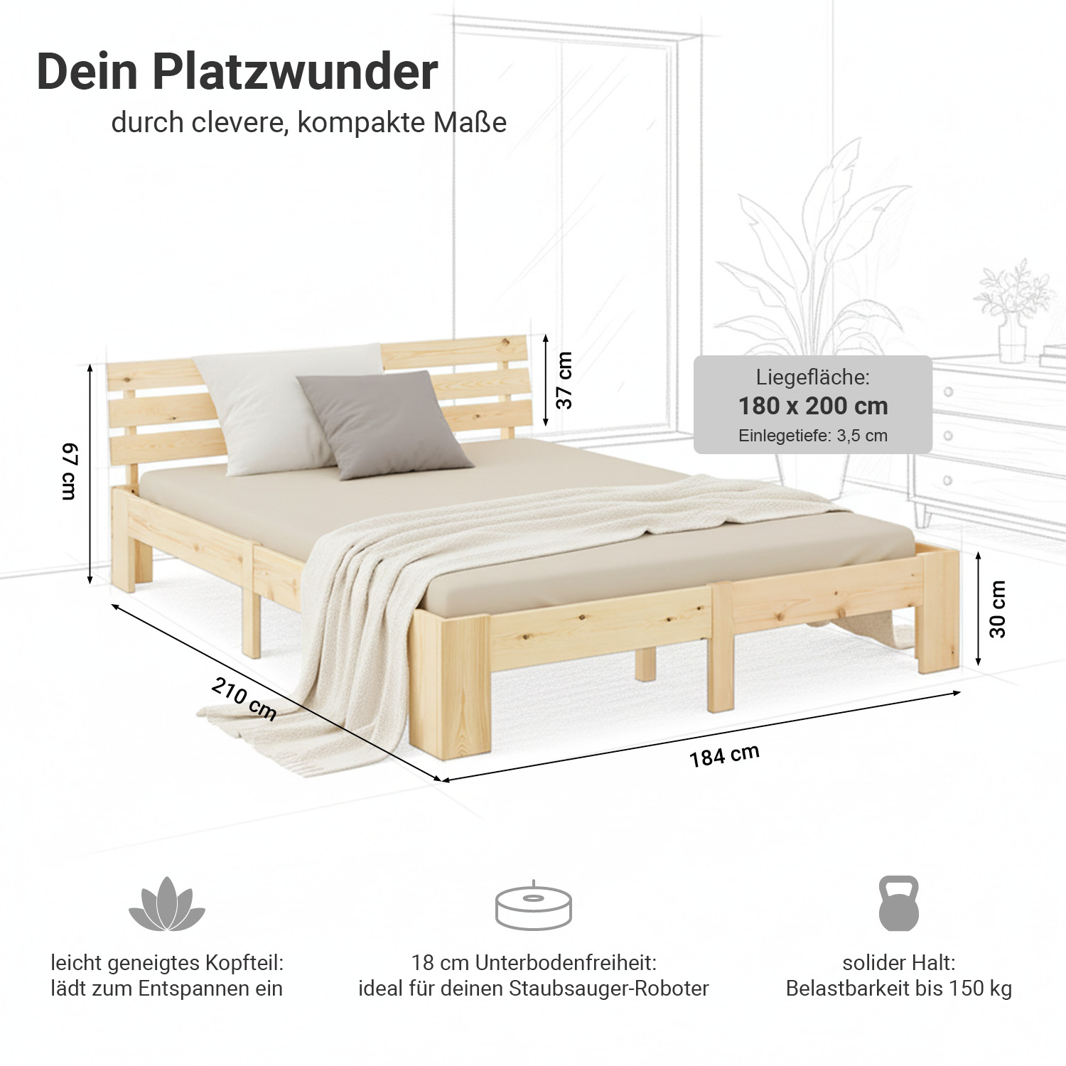 Holzbett 180x200 cm Natur – Massives Kiefer Doppelbett mit Lattenrost