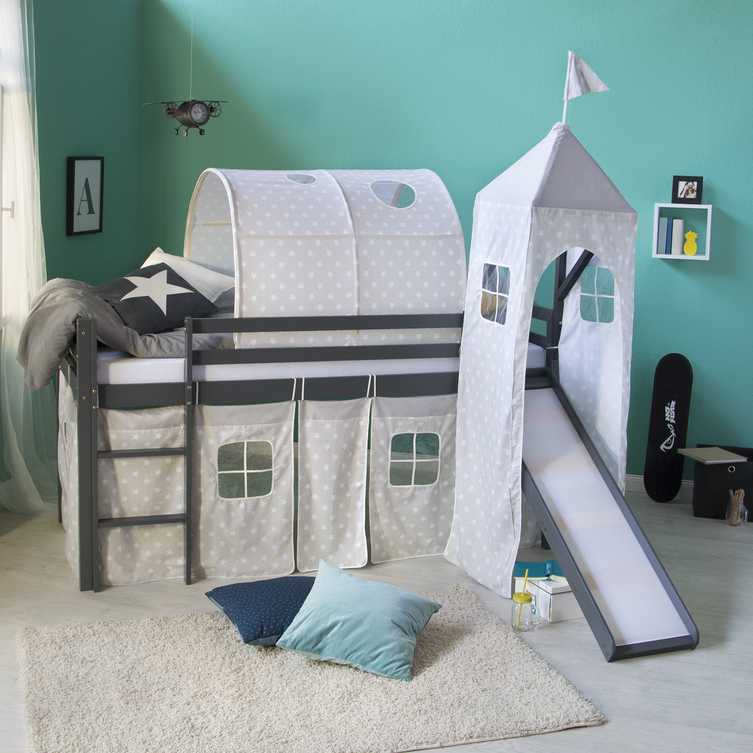 Loftbed 90x200 cm Grey Bunk bed Childrens bed Solid Pine Wood Tower Tunnel Curtain Stars Slide Mattress Slats