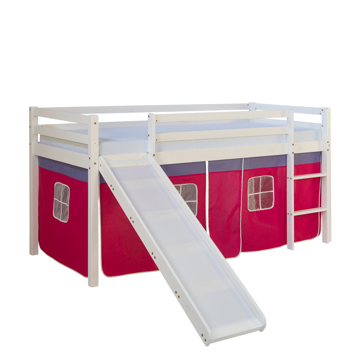 Loft Bed Kids 90x200 cm White with Curtain in Pink | Slide | with Slatted Frame Loftbed 90x200 cm Bunk bed Childrens bed Solid Pine Wood Tower Tunnel Curtain Pink Slide Mattress Slats
