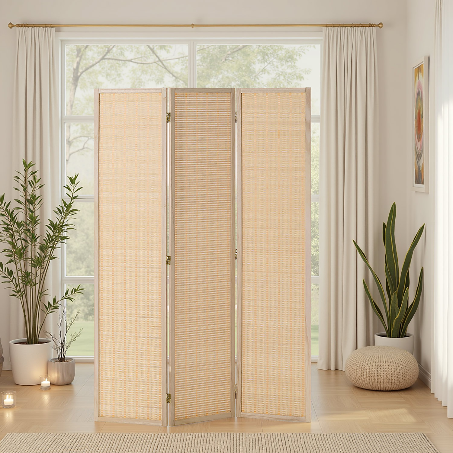 Paravent Natural Bamboo Slats | 3-panel | Wood | Room Divider Partition Privacy Screen