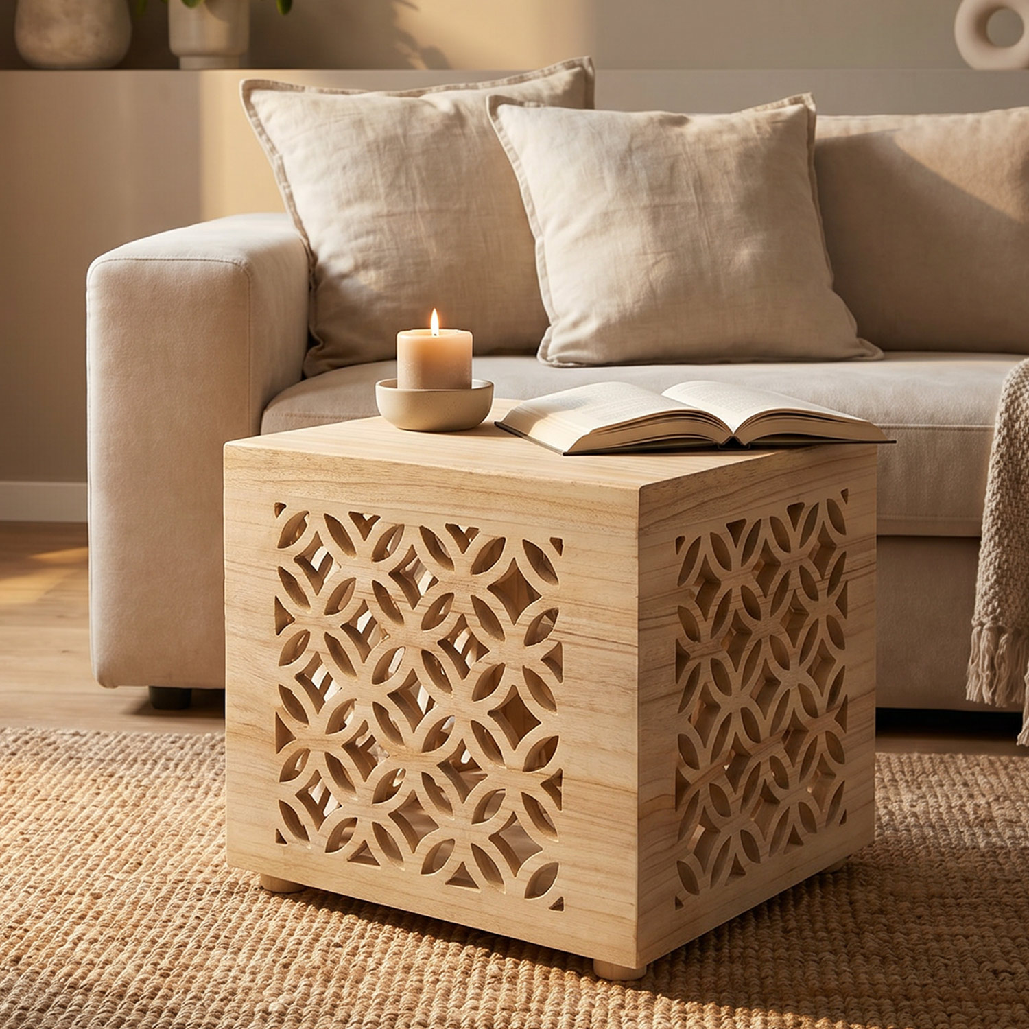 Side table wood cube bedside light