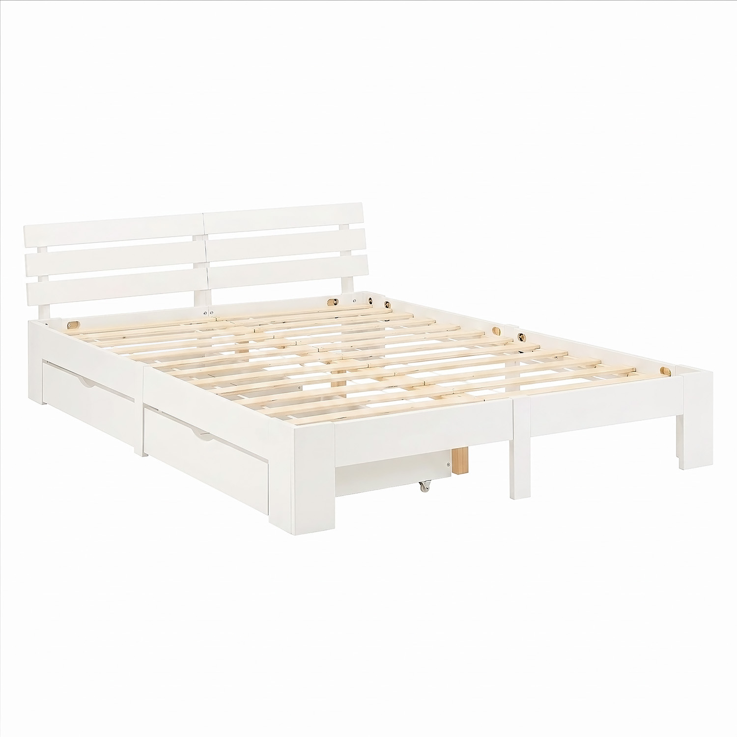 Wood Bed 140x200 cm White | Double Bed with Storage 2 Drawers | with Mattress | Solid | Kids Youth Guest Bedroom