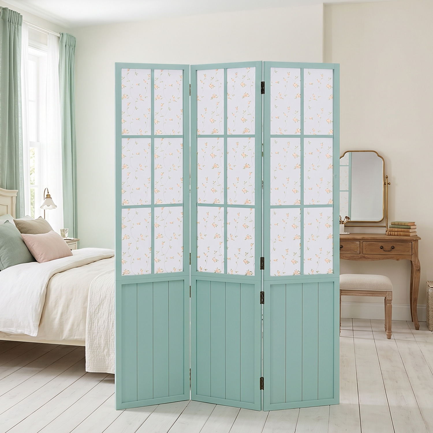 Turquoise Room Divider – 3-panel, country-style with floral pattern & fabric covering