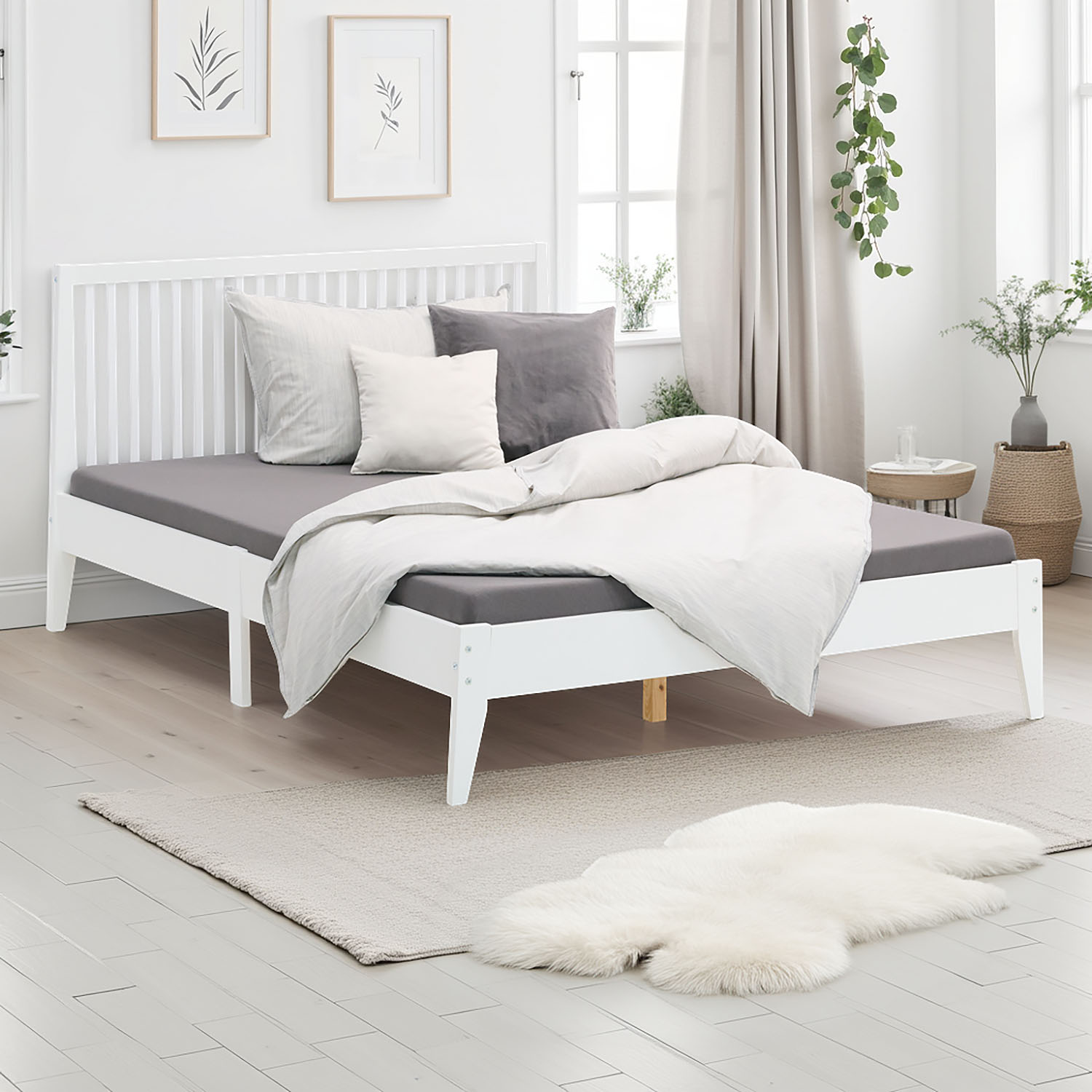 Wooden Bed 140x200 cm White – Scandinavian-Style Double Bed with Slatted Base for Teenagers' & Bedrooms