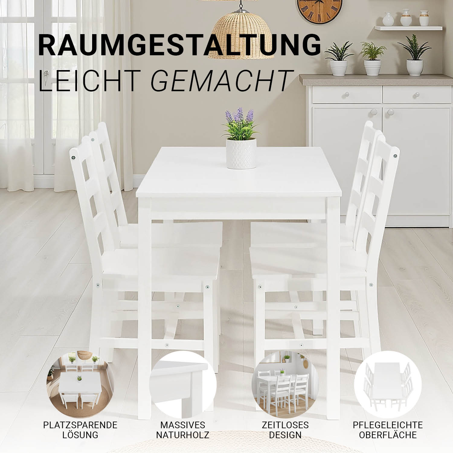 Dining set | 4-piece set chairs white | country style | wooden dining table 108 x 65 cm