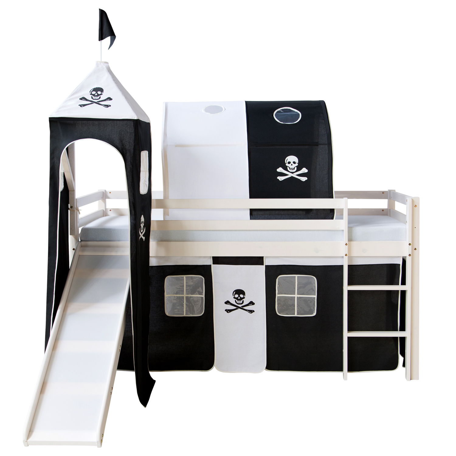 Loft Bed Kids 90x200 cm White with Curtain in Black | Tunnel | Tower | Slide | without Slatted Frame