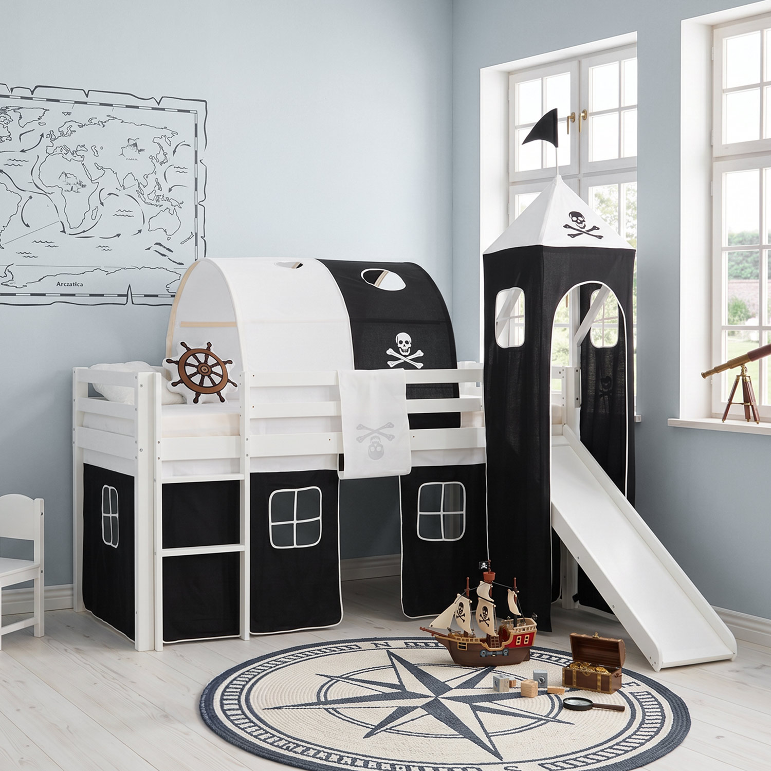 Children's Loft Bed 90x200 cm White with Black Curtain | Slide | Tower | With Slatted Base | With Mattress | Pirate | Boy