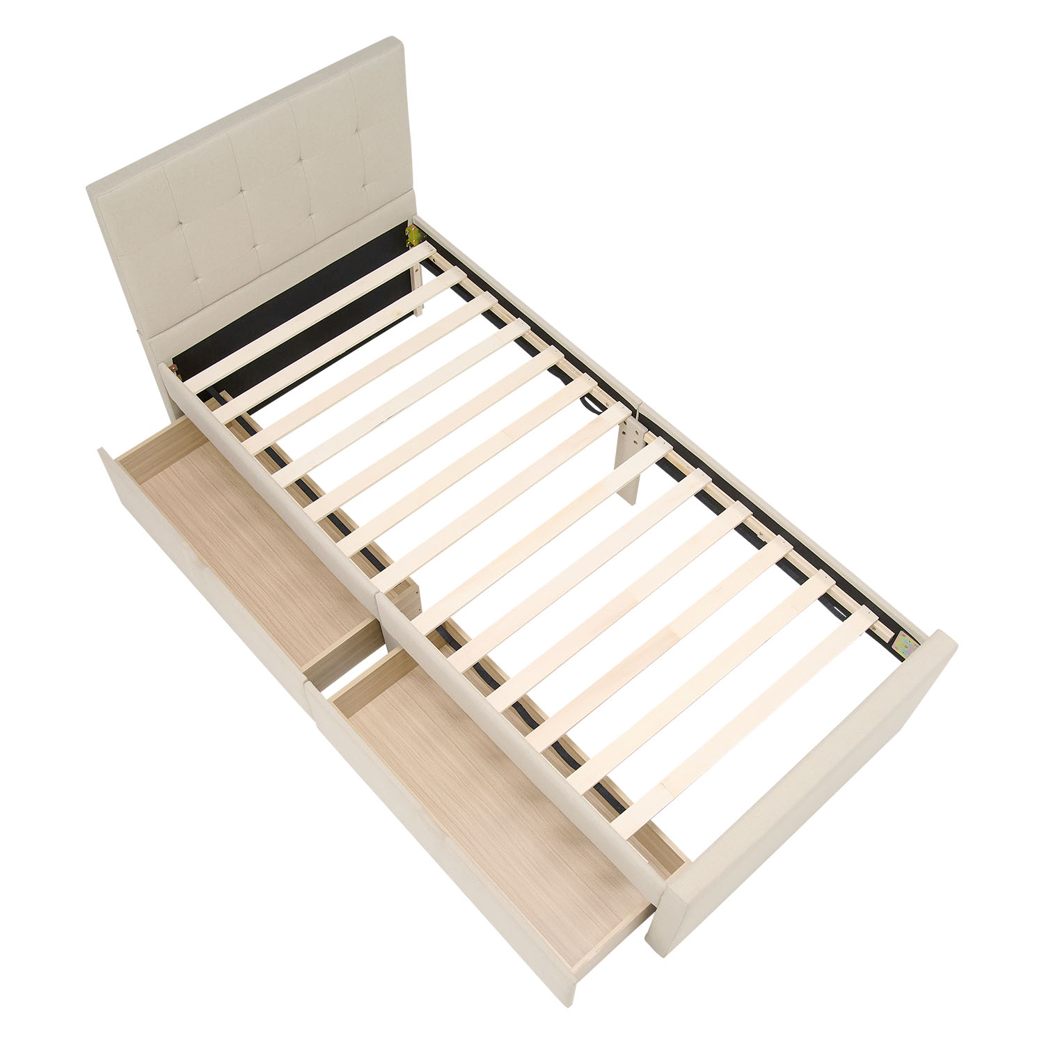 Upholstered bed 90x200 cm beige | with slatted frame | with 2 bed drawers | single fabric bed frame