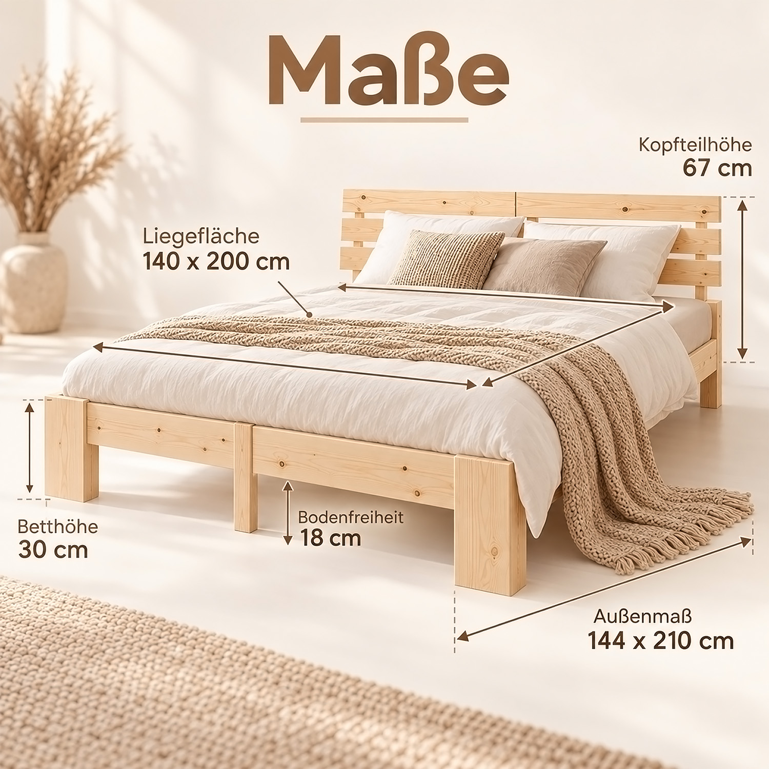 Wooden Bed 140x200 cm Natural – Solid Pine Double Bed with Slatted Base for Bedrooms, Teenagers' Rooms, and Guest Rooms