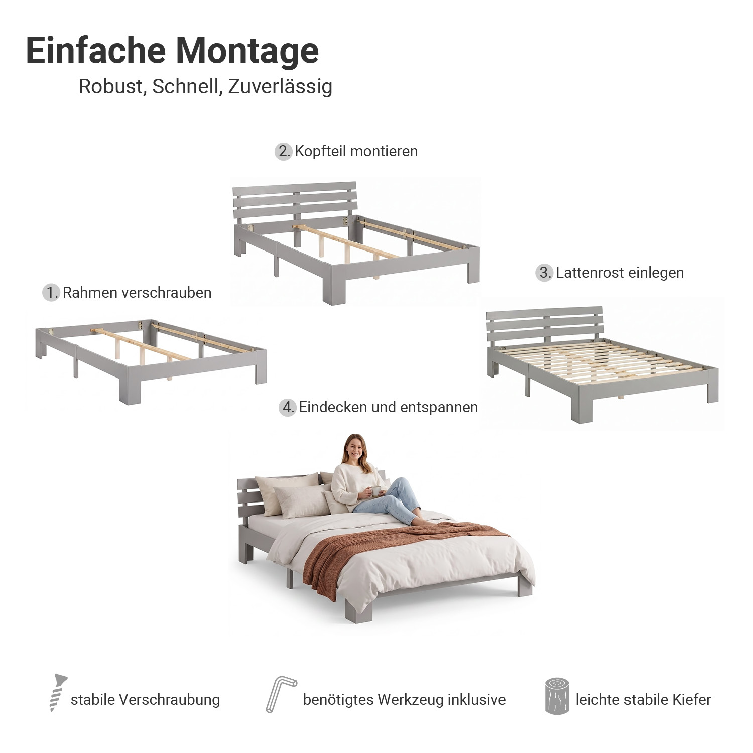 Solid Pine Wood Bed, 120x200 cm – Futon Bed with Mattress & Slatted Base