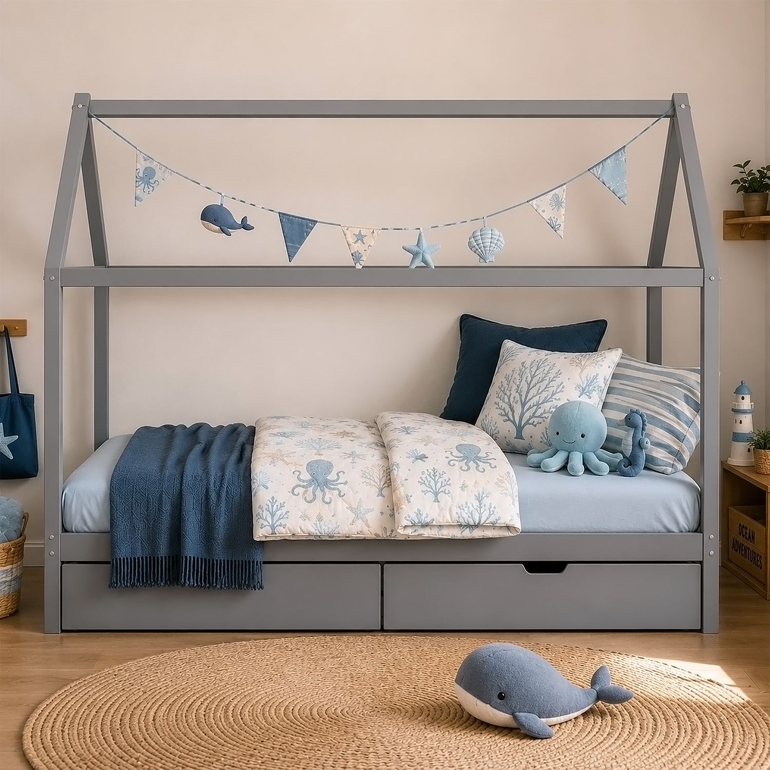 Childrens Bed with Mattress House Bed Frame For Kids 90x200 cm Grey With Drawers