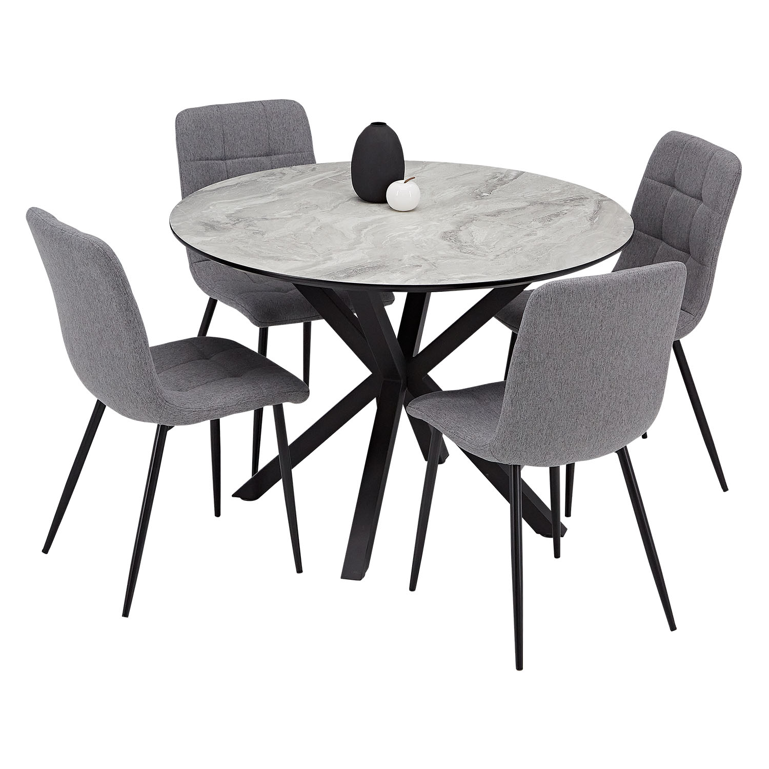Dining set | 4-piece set upholstered chairs grey | dining table grey black metal frame round 110 cm