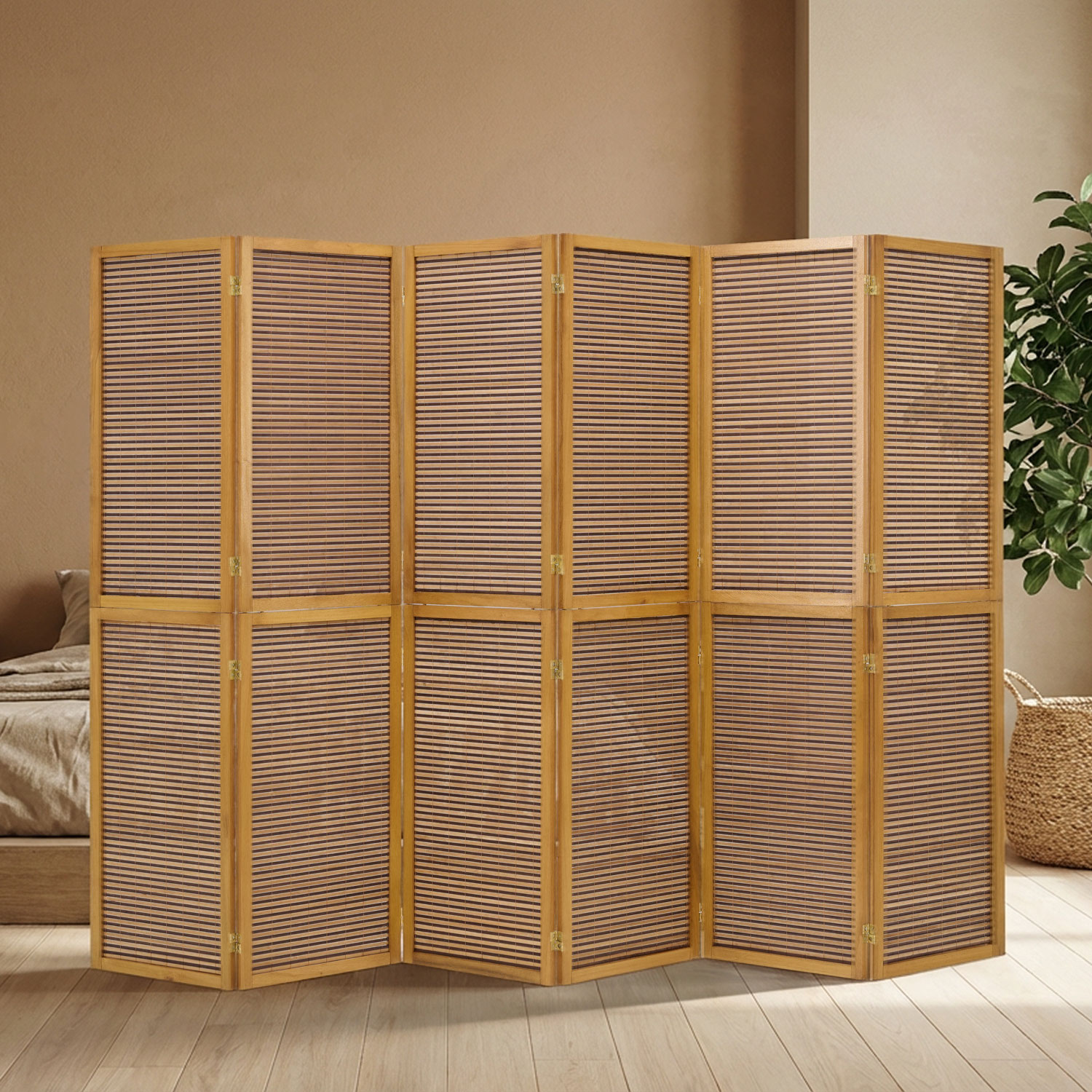 Paravent Brown Wooden Slats | 6-panel | Wood | Room Divider Partition Privacy Screen