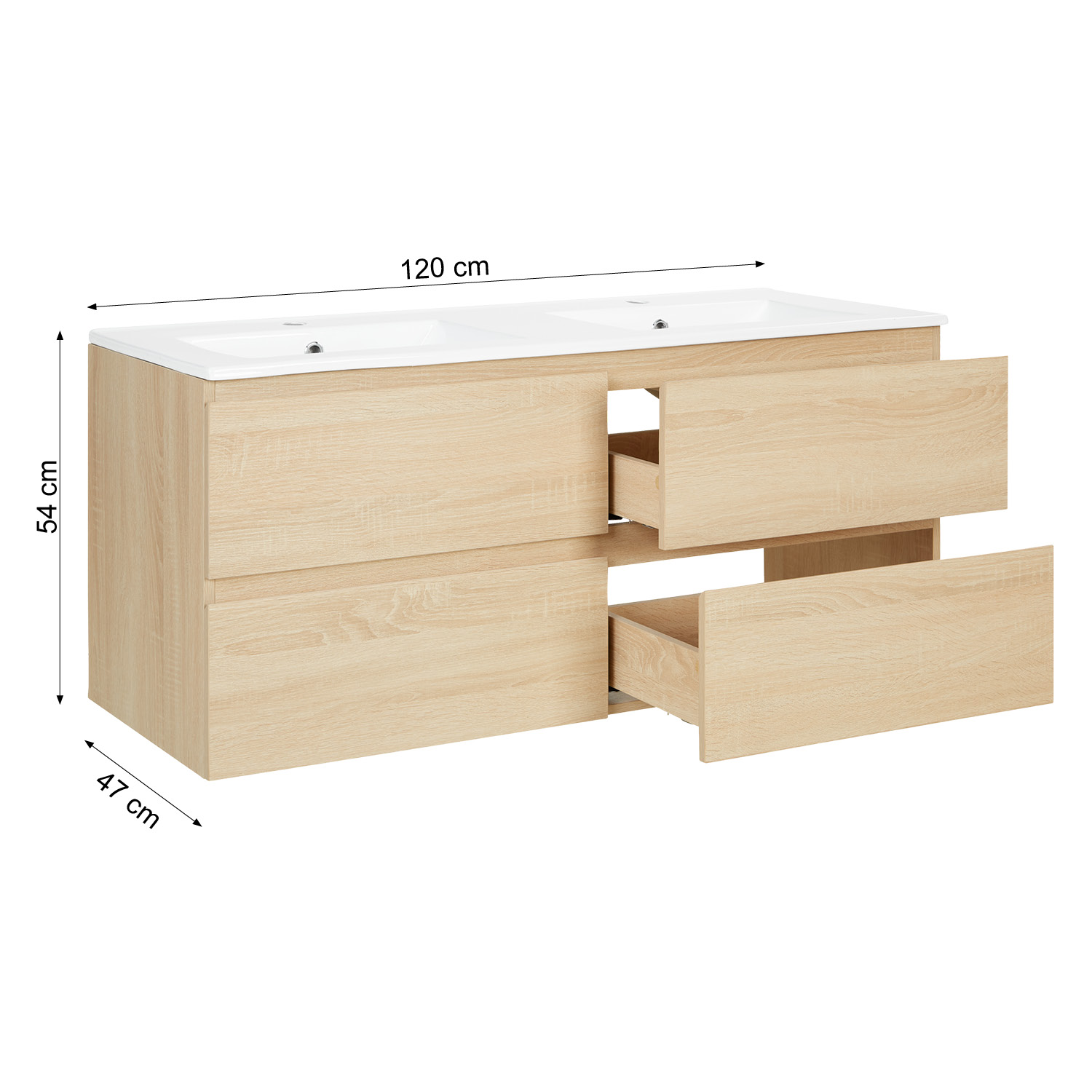 Bathroom cabinet 120 cm Natural Wood Oak Storage Vanity unit Bathroom furniture Double Sink unit Washroom wall cabinet 