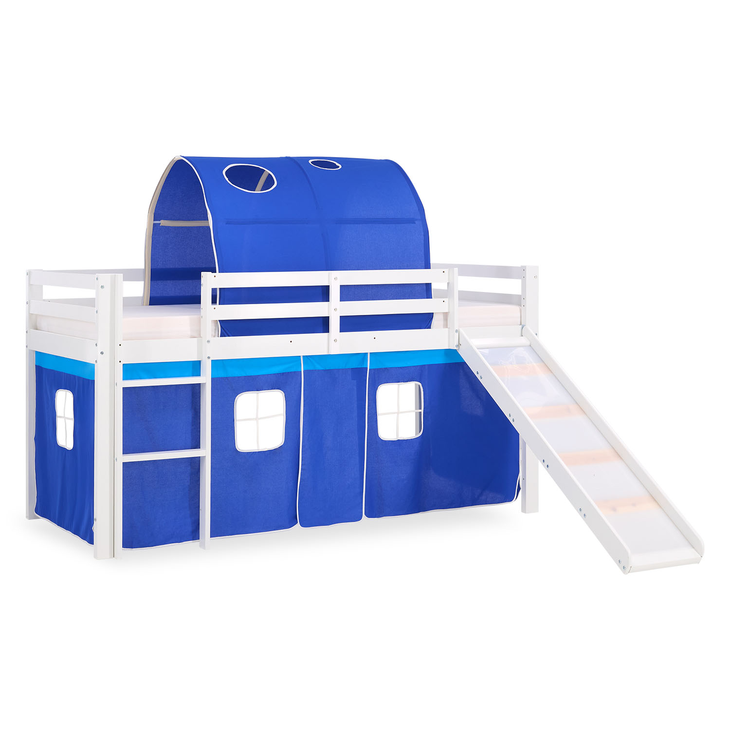 Loftbed 90x200 cm Bunk bed Childrens bed Solid Pine Wood Tower Tunnel Curtain Blue Slide Mattress Slats