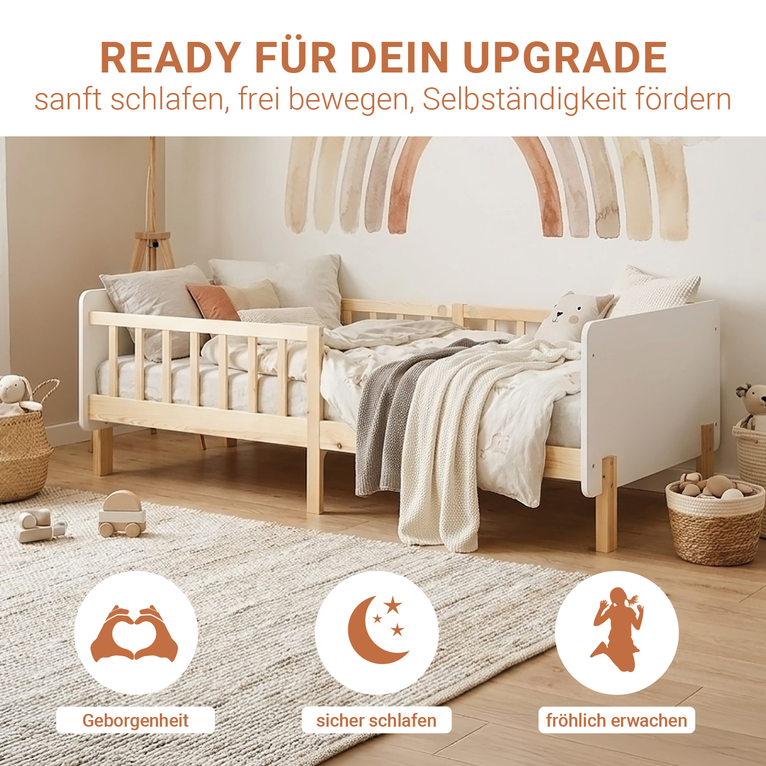 Single bed 90x200 cm White with Mattress Wooden Bed frame Toddler bed with safety rail Kids bed Childrens bed Slatted frame