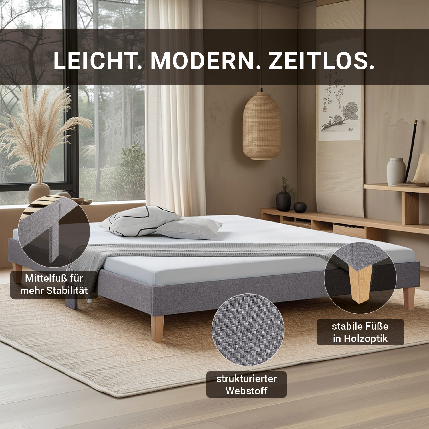 Modern low-profile bed frame with fabric upholstery and solid wood legs – Minimalist design for stylish bedrooms